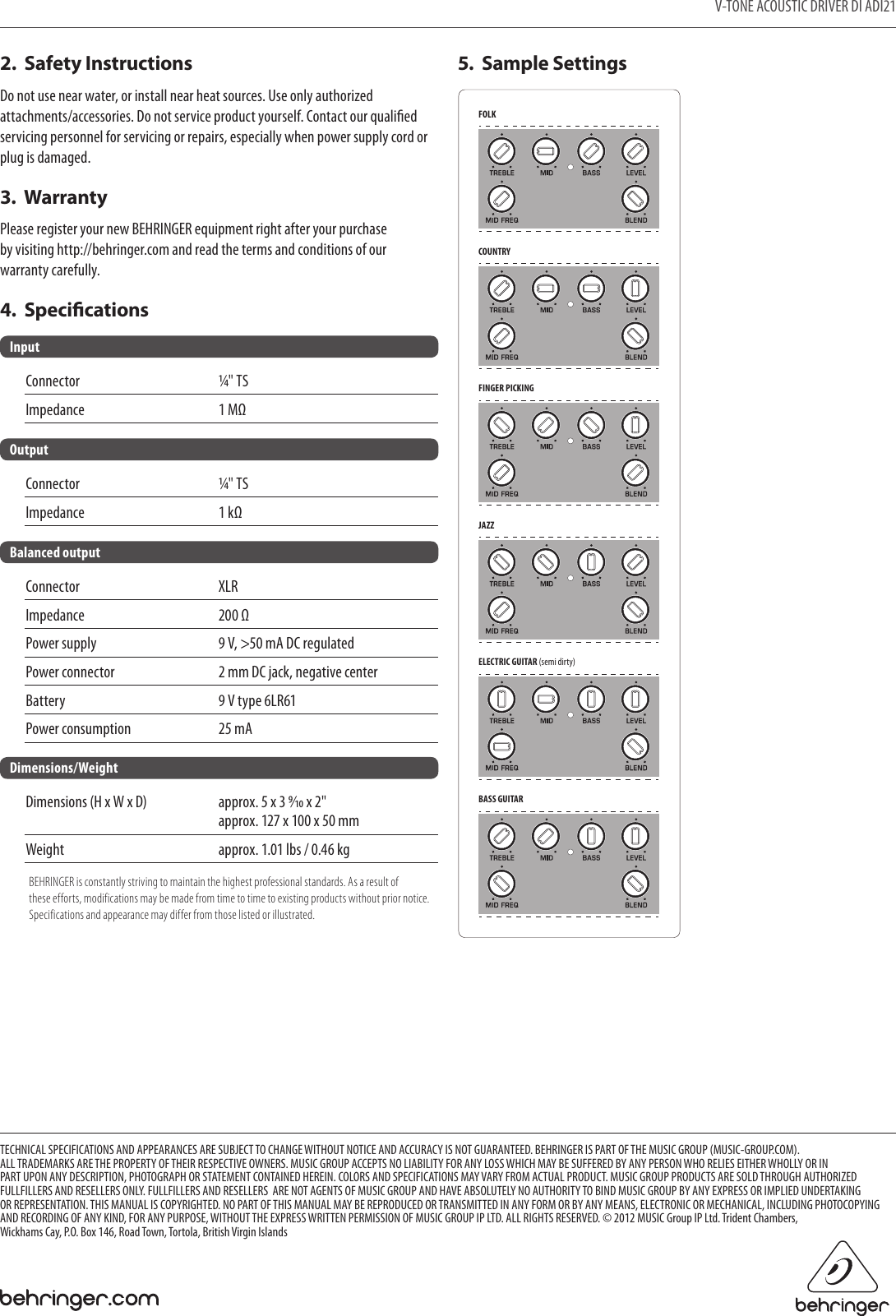 Page 2 of 2 - Behringer Behringer-V-Tone-Acoustic-Driver-Di-Adi21-Users-Manual- V-TONE ACOUSTIC DRIVER DI ADI21  Behringer-v-tone-acoustic-driver-di-adi21-users-manual