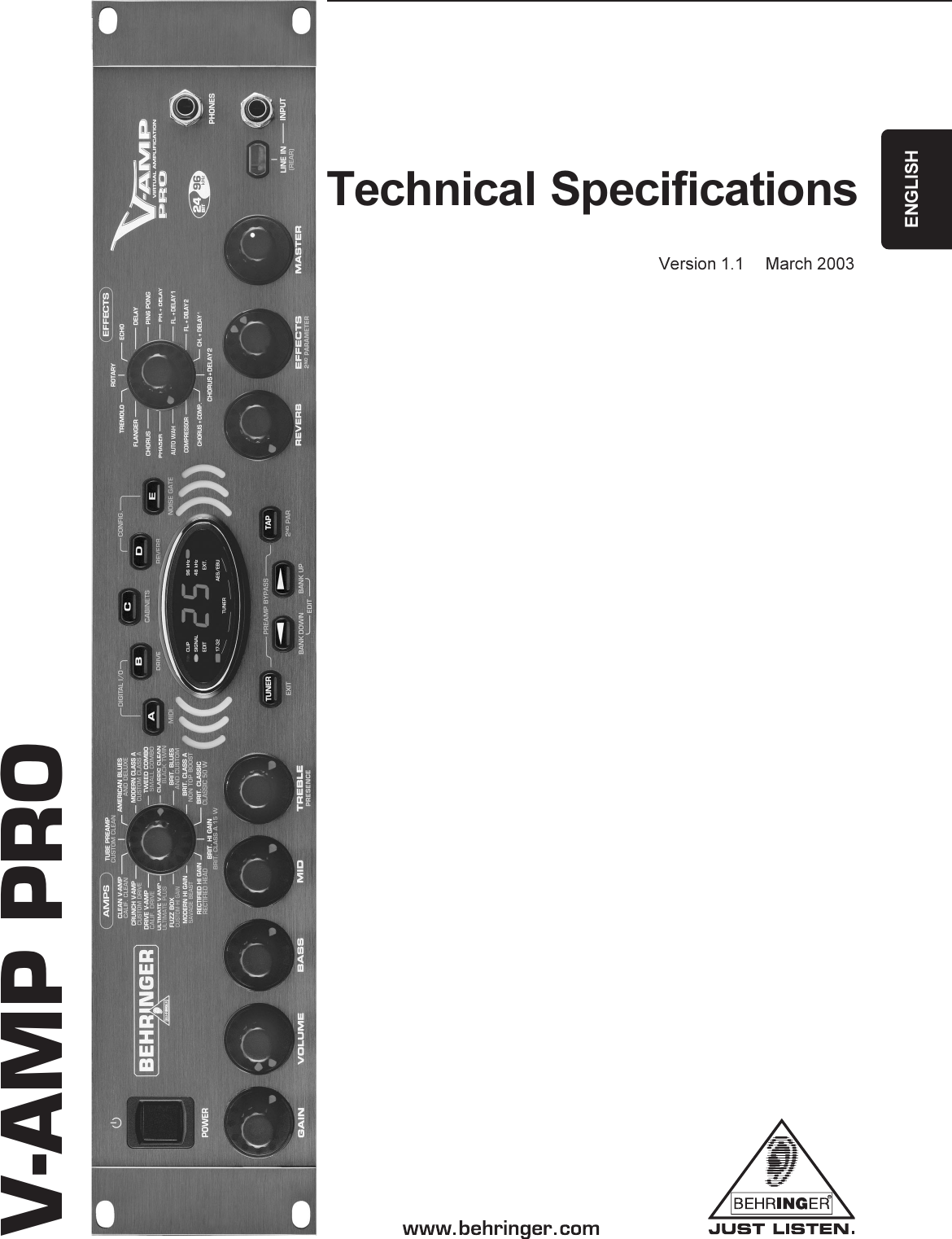 Page 1 of 4 - Behringer Behringer-Virtual-Amplification-V-Amp-Pro-Specification-Sheet- V-AMP PRO_SPECS_Rev_D.pmd  Behringer-virtual-amplification-v-amp-pro-specification-sheet
