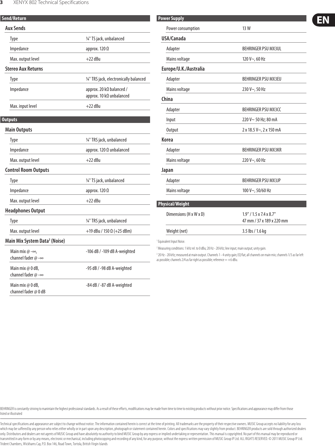 Page 3 of 3 - Behringer Behringer-Xenyx-802-Specification-Sheet- XENYX 802  Behringer-xenyx-802-specification-sheet