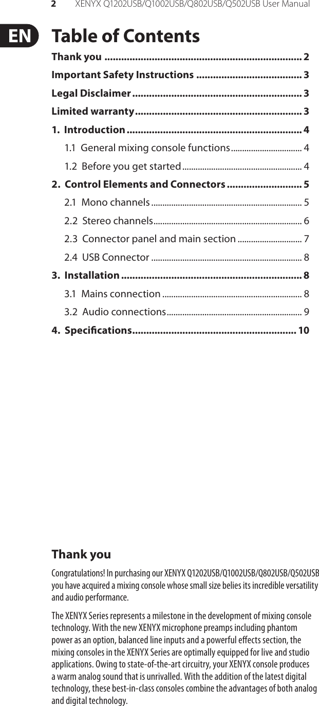 Page 2 of 12 - Behringer Behringer-Xenyx-Q1002Usb-Users-Manual- Q1202USB/Q1002USB/Q802USB/Q502USB  Behringer-xenyx-q1002usb-users-manual