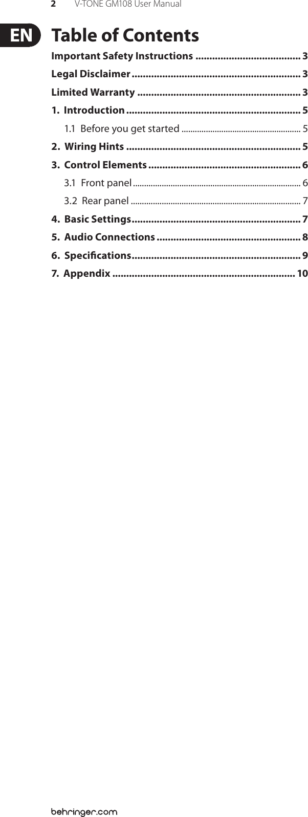 Page 2 of 12 - Behringer GM108 V-TONE User Manual  To The 037a1abc-4482-4853-a9f9-1158682e4380