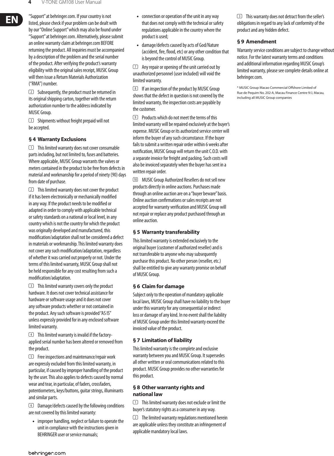 Page 4 of 12 - Behringer GM108 V-TONE User Manual  To The 037a1abc-4482-4853-a9f9-1158682e4380