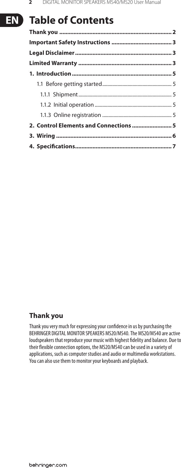 Page 2 of 9 - Behringer MS40 P0274 (MS40/MS20) User Manual To The A89900ea-3ed5-49a6-8907-b3d2fe0ad2dd