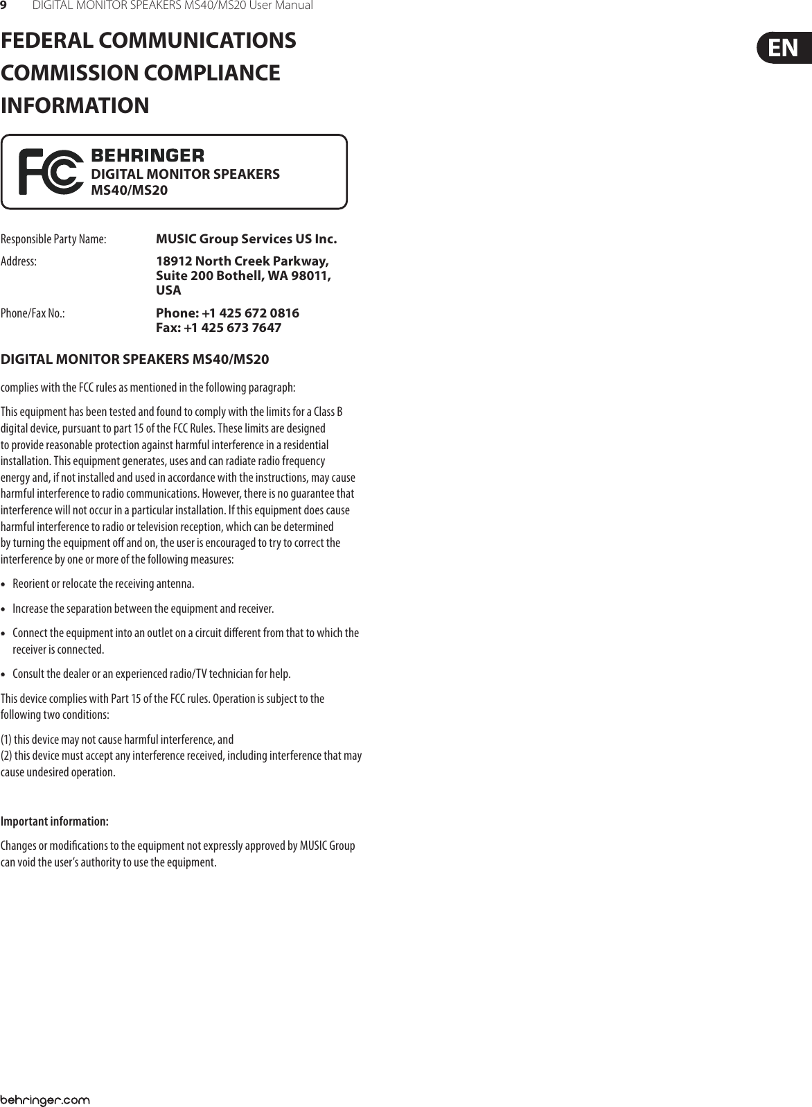 Page 8 of 9 - Behringer MS40 P0274 (MS40/MS20) User Manual To The A89900ea-3ed5-49a6-8907-b3d2fe0ad2dd