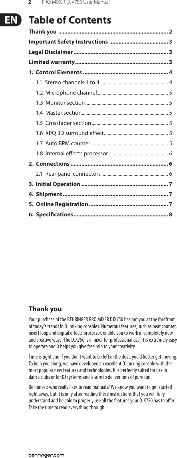 Page 2 of 10 - Behringer PRO MIXER DJX750 User Manual  To The 3de45d0b-0509-4c9a-90d0-ebe655017cd9