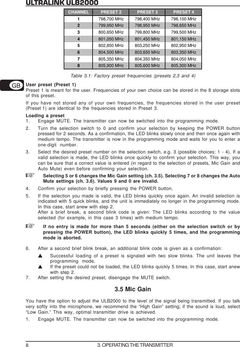8ULTRALINK ULB2000CHANNEL PRESET 2 PRESET 3 PRESET 41798,700 MHz 798,400 MHz 798,100 MHz2799,950 MHz 798,950 MHz 798,650 MHz3800,650 MHz 799,800 MHz 799,500 MHz4801,050 MHz 801,450 MHz 801,150 MHz5802,850 MHz 803,250 MHz 802,950 MHz6804,500 MHz 803,650 MHz 803,350 MHz7805,350 MHz 804,350 MHz 804,050 MHz8805,900 MHz 805,600 MHz 805,300 MHzTable 3.1: Factory preset frequencies (presets 2,3 and 4)User preset (Preset 1)Preset 1 is meant for the user. Frequencies of your own choice can be stored in the 8 storage slotsof this preset.If you have not stored any of your own frequencies, the frequencies stored in the user preset(Preset 1) are identical to the frequencies stored in Preset 3.Loading a preset1. Engage MUTE. The transmitter can now be switched into the programming mode.2. Turn the selection switch to 0 and confirm your selection by keeping the POWER buttonpressed for 2 seconds. As a confirmation, the LED blinks slowly once and then once again withmedium tempo. The transmitter is now in the programming mode and waits for you to enter aone-digit number.3. Select the desired preset number on the selection switch, e.g. 3 (possible choices: 1 - 4). If avalid selection is made, the LED  blinks once quickly to confirm your selection. This way, youcan be sure that a correct value is entered (in regard to the selection of presets, Mic Gain andAuto Mute) even before confirming your selection.Selecting 5 or 6 changes the Mic Gain setting (ch. 3.5). Selecting 7 or 8 changes the AutoMute settings (ch. 3.6). Values 9 and 0 are invalid.4. Confirm your selection by briefly pressing the POWER button.5. If the selection you made is valid, the LED blinks quickly once again. An invalid selection isindicated with 5 quick blinks, and the unit is immediately no longer in the programming mode.In this case, start anew with step 2.After a brief break, a second blink code is given: The LED blinks according to the valueselected (for example, in this case 3 times) with medium tempo.If no entry is made for more than 5 seconds (either on the selection switch or bypressing the POWER button), the LED blinks quickly 5 times, and the programmingmode is aborted.6. After a second brief blink break, an additional blink code is given as a confirmation:VSuccessful loading of a preset is signaled with two slow blinks. The unit leaves theprogramming mode.VIf the preset could not be loaded, the LED blinks quickly 5 times. In this case, start anewwith step 2.7. After setting the desired preset, disengage the MUTE switch.3.5 Mic GainYou have the option to adjust the ULB2000 to the level of the signal being transmitted. If you talkvery softly into the microphone, we recommend the &ldquo;High Gain&rdquo; setting; if the sound is loud, select&ldquo;Low Gain.&rdquo; This way, optimal transmitter drive is achieved.1. Engage MUTE. The transmitter can now be switched into the programming mode.3. OPERATING THE TRANSMITTER