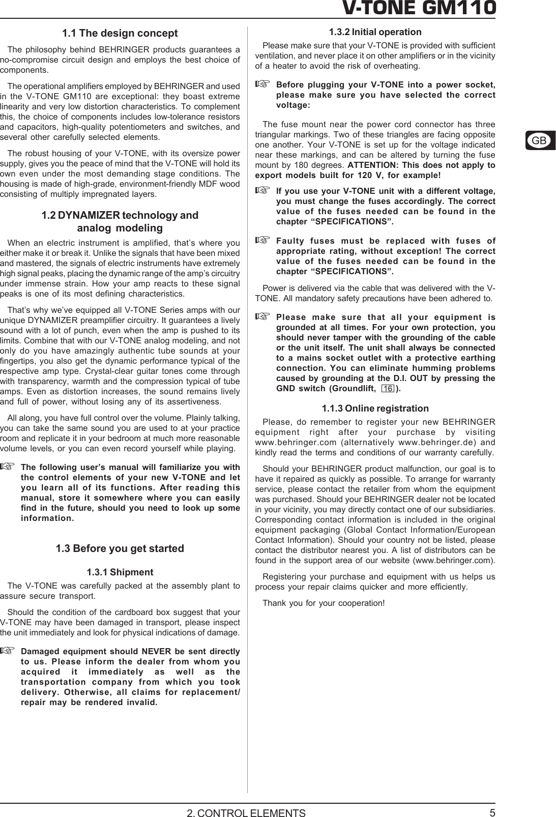 Page 5 of 9 - Behringer V-TONE GM110 DATA-MANFULL_GM110_ENG_Rev_1D User Manual  To The 36a654e3-911c-41dd-a621-c7af5bceb208
