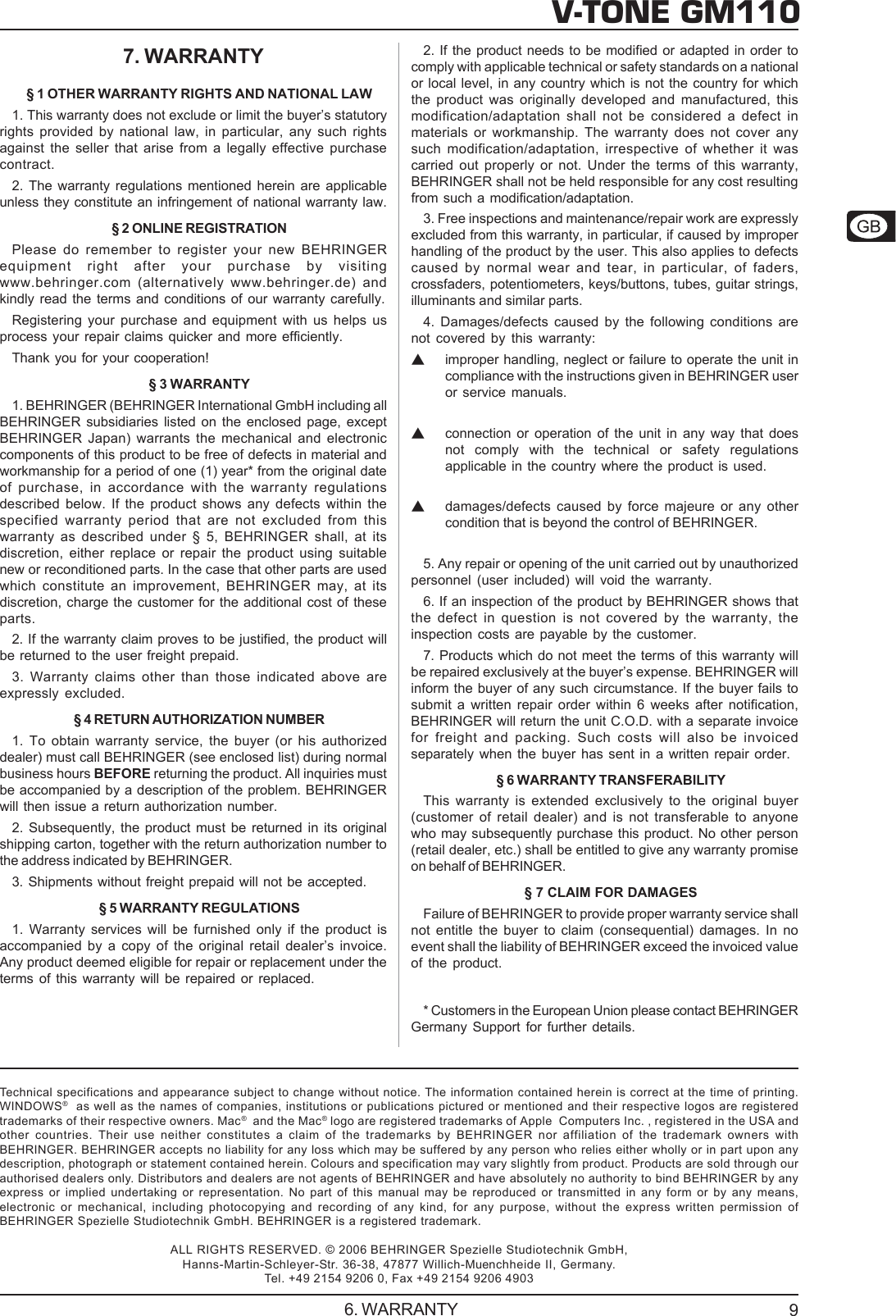 Page 9 of 9 - Behringer V-TONE GM110 DATA-MANFULL_GM110_ENG_Rev_1D User Manual  To The 36a654e3-911c-41dd-a621-c7af5bceb208