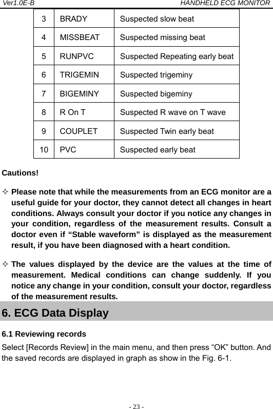 Ver1.0E-B                                          HANDHELD ECG MONITOR  - 23 -3  BRADY  Suspected slow beat 4  MISSBEAT  Suspected missing beat   5  RUNPVC  Suspected Repeating early beat 6 TRIGEMIN  Suspected trigeminy 7 BIGEMINY  Suspected bigeminy 8  R On T  Suspected R wave on T wave   9  COUPLET  Suspected Twin early beat   10  PVC  Suspected early beat   Cautions!  Please note that while the measurements from an ECG monitor are a useful guide for your doctor, they cannot detect all changes in heart conditions. Always consult your doctor if you notice any changes in your condition, regardless of the measurement results. Consult a doctor even if &ldquo;Stable waveform&rdquo; is displayed as the measurement result, if you have been diagnosed with a heart condition.  The values displayed by the device are the values at the time of measurement. Medical conditions can change suddenly. If you notice any change in your condition, consult your doctor, regardless of the measurement results. 6. ECG Data Display 6.1 Reviewing records Select [Records Review] in the main menu, and then press &ldquo;OK&rdquo; button. And the saved records are displayed in graph as show in the Fig. 6-1. 