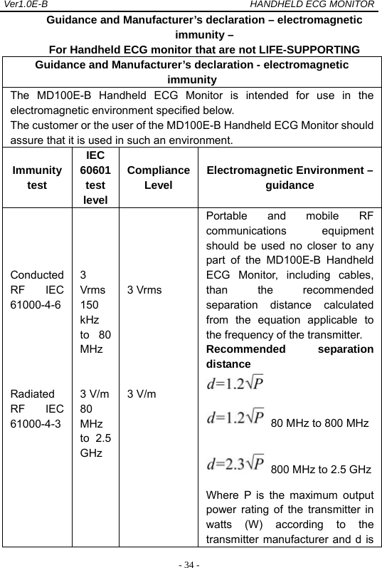 Ver1.0E-B                                          HANDHELD ECG MONITOR  - 34 -Guidance and Manufacturer&rsquo;s declaration &ndash; electromagnetic immunity &ndash; For Handheld ECG monitor that are not LIFE-SUPPORTING Guidance and Manufacturer&rsquo;s declaration - electromagnetic immunity The MD100E-B Handheld ECG Monitor is intended for use in the electromagnetic environment specified below. The customer or the user of the MD100E-B Handheld ECG Monitor should assure that it is used in such an environment. Immunity test IEC 60601 test level Compliance Level  Electromagnetic Environment &ndash; guidance     Conducted RF IEC 61000-4-6      Radiated RF IEC 61000-4-3     3 Vrms  150 kHz to 80 MHz   3 V/m 80 MHz to 2.5 GHz      3 Vrms         3 V/m Portable and mobile RF communications equipment should be used no closer to any part of the MD100E-B Handheld ECG Monitor, including cables, than the recommended separation distance calculated from the equation applicable to the frequency of the transmitter. Recommended separation distance    80 MHz to 800 MHz   800 MHz to 2.5 GHzWhere P is the maximum output power rating of the transmitter in watts (W) according to the transmitter manufacturer and d is 