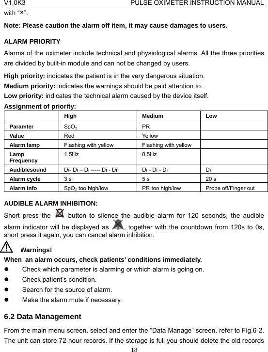 V1.0K3                                PULSE OXIMETER INSTRUCTION MANUAL  18with &ldquo;&times;&rdquo;. Note: Please caution the alarm off item, it may cause damages to users. ALARM PRIORITY Alarms of the oximeter include technical and physiological alarms. All the three priorities are divided by built-in module and can not be changed by users. High priority: indicates the patient is in the very dangerous situation. Medium priority: indicates the warnings should be paid attention to. Low priority: indicates the technical alarm caused by the device itself. Assignment of priority:  High   Medium  Low  Paramter  SpO2 PR  Value  Red Yellow  Alarm lamp    Flashing with yellow  Flashing with yellow   Lamp Frequency   1.5Hz 0.5Hz  Audiblesound  Di- Di &ndash; Di ----- Di - Di  Di - Di - Di  Di Alarm cycle  3 s  5 s  20 s Alarm info  SpO2 too high/low  PR too high/low  Probe off/Finger out AUDIBLE ALARM INHIBITION: Short press the   button to silence the audible alarm for 120 seconds, the audible alarm indicator will be displayed as  , together with the countdown from 120s to 0s, short press it again, you can cancel alarm inhibition.  Warnings! When  an alarm occurs, check patients&rsquo; conditions immediately. z  Check which parameter is alarming or which alarm is going on. z Check patient&rsquo;s condition. z  Search for the source of alarm. z  Make the alarm mute if necessary. 6.2 Data Management From the main menu screen, select and enter the &ldquo;Data Manage&rdquo; screen, refer to Fig.6-2. The unit can store 72-hour records. If the storage is full you should delete the old records 