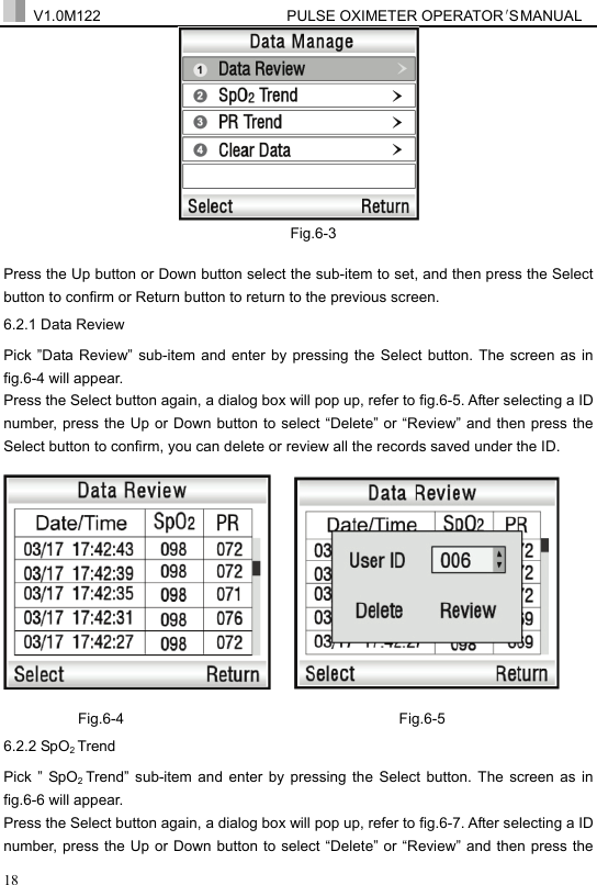  V1.0M122                         PULSE OXIMETER OPERATOR＇S  MA NUAL  18      Fig.6-3                     Press the Up button or Down button select the sub-item to set, and then press the Select button to confirm or Return button to return to the previous screen. 6.2.1 Data Review Pick &rdquo;Data Review&rdquo; sub-item and enter by pressing the Select button. The screen as in fig.6-4 will appear.   Press the Select button again, a dialog box will pop up, refer to fig.6-5. After selecting a ID number, press the Up or Down button to select &ldquo;Delete&rdquo; or &ldquo;Review&rdquo; and then press the Select button to confirm, you can delete or review all the records saved under the ID.         Fig.6-4                                     Fig.6-5 6.2.2 SpO2 Trend Pick &rdquo; SpO2 Trend&rdquo; sub-item and enter by pressing the Select button. The screen as in fig.6-6 will appear. Press the Select button again, a dialog box will pop up, refer to fig.6-7. After selecting a ID number, press the Up or Down button to select &ldquo;Delete&rdquo; or &ldquo;Review&rdquo; and then press the 