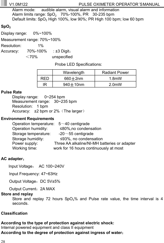  V1.0M122                         PULSE OXIMETER OPERATOR＇S  MA NUAL  28 Alarm mode:      audible alarm, visual alarm and information Alarm limits range: SpO2  70%-100%, PR  30-235 bpm Default limits: SpO2 High 100%, low 90%; PR High 100 bpm; low 60 bpm SpO2 Display range:   0%~100% Measurement range: 70%~100%   Resolution:        1% Accuracy:    70%-100%   : &plusmn;3 Digit；  ＜70%       unspecified  Probe LED Specifications:  Wavelength Radiant Power RED 660&plusmn;2nm 1.8mW IR 940&plusmn;10nm 2.0mW Pulse Rate Display range:   0~254 bpm Measurement range:  30~235 bpm Resolution:  1 bpm Accuracy:  &plusmn;2 bpm or 2%（The larger） Environment Requirements Operation temperature:  5～40 centigrade Operation humidity:      &le;80%,no condensation   Storage temperature:    -20～55 centigrade Storage humidity:        &le;93%, no condensation   Power supply:        Three AA alkaline/NI-MH batteries or adapter  Working time:        work for 16 hours continuously at most AC adapter： Input Voltage： AC 100~240V   Input Frequency: 47~63Hz Output Voltage：DC 5V&plusmn;5% Output Current：2A MAX Store and replay Store and replay 72 hours SpO2% and Pulse rate value, the time interval is 4 seconds. Classification According to the type of protection against electric shock: Internal powered equipment and class II equipment According to the degree of protection against ingress of water： 
