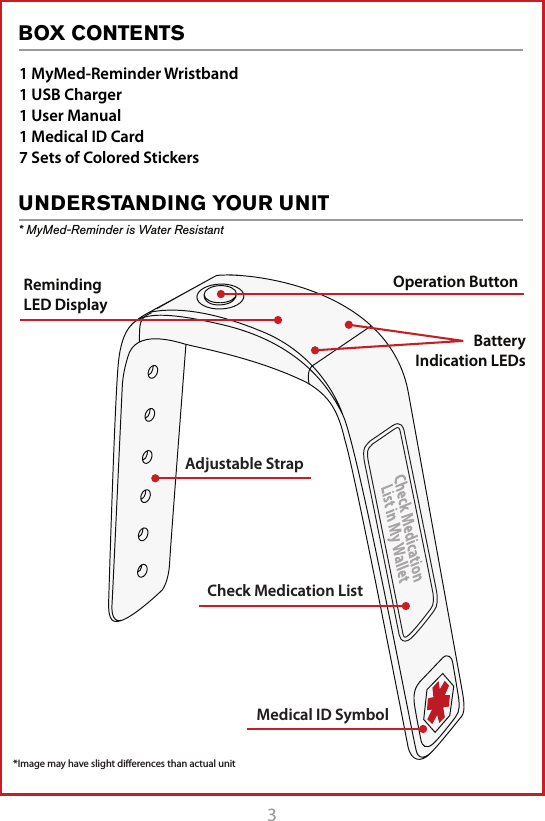 3BOX CONTENTSUNDERSTANDING YOUR UNIT* MyMed-Reminder is Water Resistant1 MyMed-Reminder Wristband1 USB Charger1 User Manual1 Medical ID Card7 Sets of Colored StickersMedical ID SymbolAdjustable StrapCheck Medication ListBatteryIndication LEDsOperation ButtonReminding  LED Display*Image may have slight diﬀerences than actual unit
