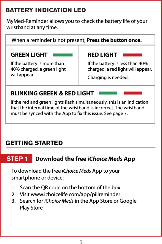 5BATTERY INDICATION LEDGETTING STARTEDTo download the free iChoice Meds App to your smartphone or device:1.  Scan the QR code on the bottom of the box 2.  Visit www.ichoicelife.com/app/pillreminder3.  Search for iChoice Meds in the App Store or Google Play StoreMyMed-Reminder allows you to check the battery life of your wristband at any time. Download the free iChoice Meds AppSTEP 1BLINKING GREEN &amp; RED LIGHTIf the red and green lights ﬂash simultaneously, this is an indication that the internal time of the wristband is incorrect. The wristband must be synced with the App to ﬁx this issue. See page 7.GREEN LIGHTIf the battery is more than 40% charged, a green light will appearRED LIGHTIf the battery is less than 40% charged, a red light will appear.Charging is needed.When a reminder is not present, Press the button once.