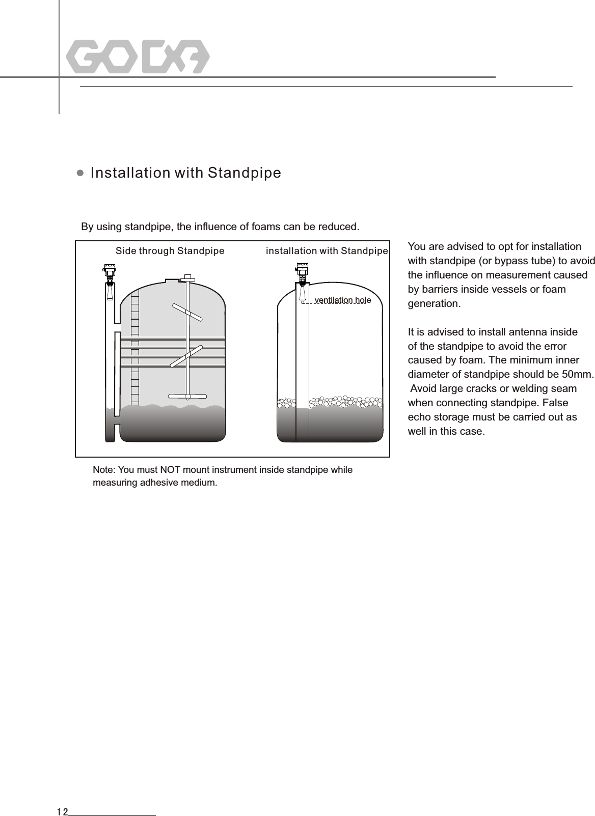 Installation with StandpipeYou are advised to opt for installation with standpipe (or bypass tube) to avoid the influence on measurement caused by barriers inside vessels or foam generation.It is advised to install antenna inside of the standpipe to avoid the error caused by foam. The minimum inner diameter of standpipe should be 50mm. Avoid large cracks or welding seam when connecting standpipe. False echo storage must be carried out as well in this case.ventilation holeANote: You must NOT mount instrument inside standpipe while measuring adhesive medium.Side through Standpipe installation with Standpipe12By using standpipe, the influence of foams can be reduced.