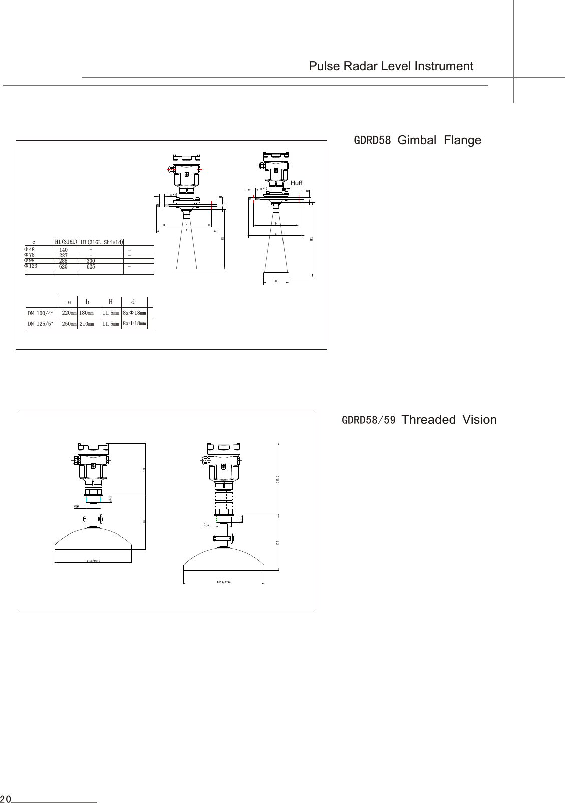 GDRD58 Gimbal Flange  a     b     dH    DN 00/4&quot; 1DN 25/5 1 &quot;m220mm250m180 m mm210m  11.mm5.mm11 5Φ188x mmΦ188x mmc       H1(316L) H1(316L Shield)Φ48         140                      -       -   22778          -      -Φ                     Φ98 0      288      30                      3  620 6212          5      -Φ                         Pulse Radar Level InstrumentcHan×dH1bHban×dH1HffuGDRD58/59 Threaded Vision20