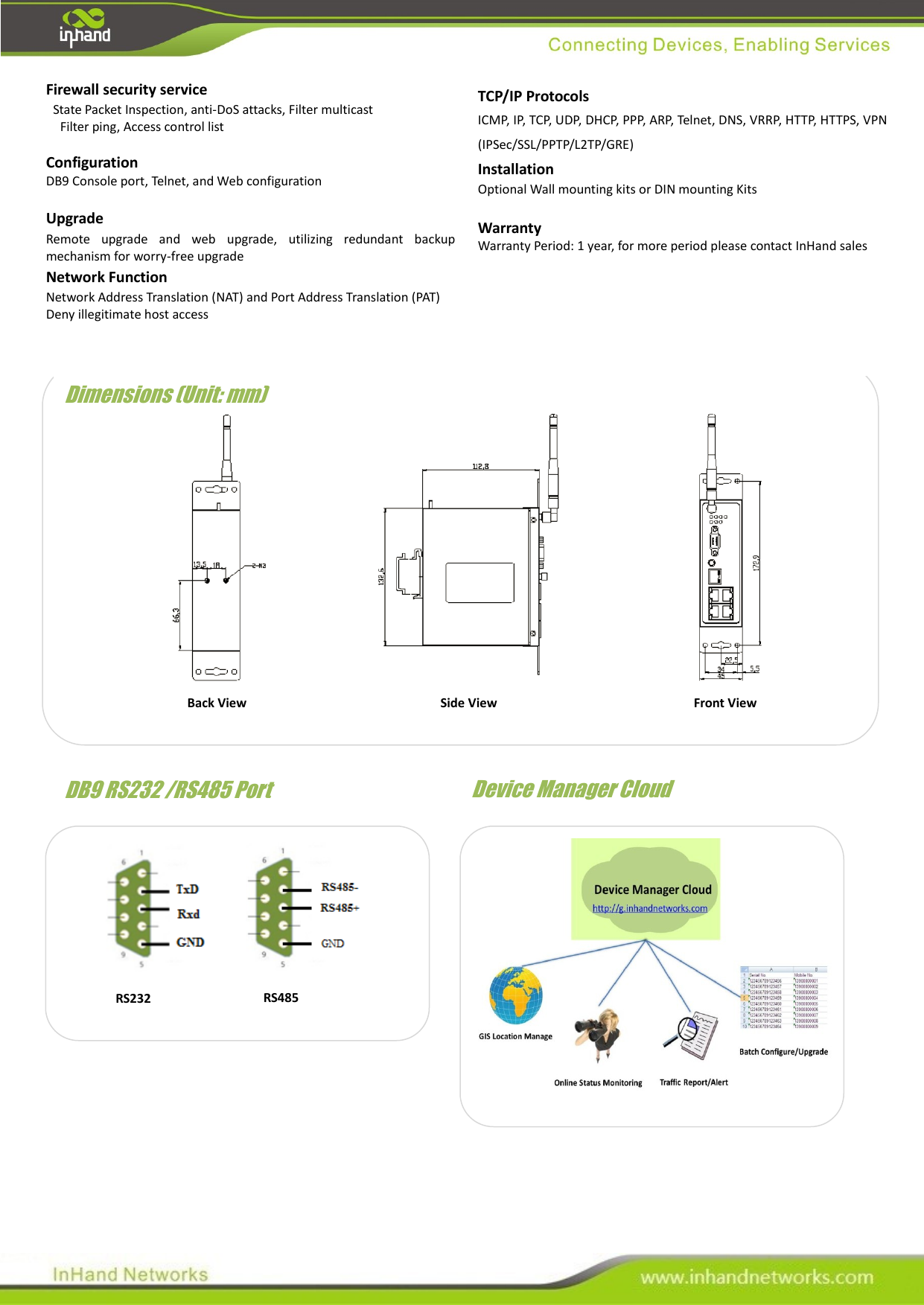                                               Firewall security service     State Packet Inspection, anti-DoS attacks, Filter multicast     Filter ping, Access control list    Configuration DB9 Console port, Telnet, and Web configuration  Upgrade Remote  upgrade  and  web  upgrade,  utilizing  redundant  backup mechanism for worry-free upgrade Network Function Network Address Translation (NAT) and Port Address Translation (PAT) Deny illegitimate host access  TCP/IP Protocols ICMP, IP, TCP, UDP, DHCP, PPP, ARP, Telnet, DNS, VRRP, HTTP, HTTPS, VPN (IPSec/SSL/PPTP/L2TP/GRE) Installation Optional Wall mounting kits or DIN mounting Kits  Warranty Warranty Period: 1 year, for more period please contact InHand sales Dimensions (Unit: mm) Side View Front View Back View DB9 RS232 /RS485 Port RS232 RS485 Device Manager Cloud 