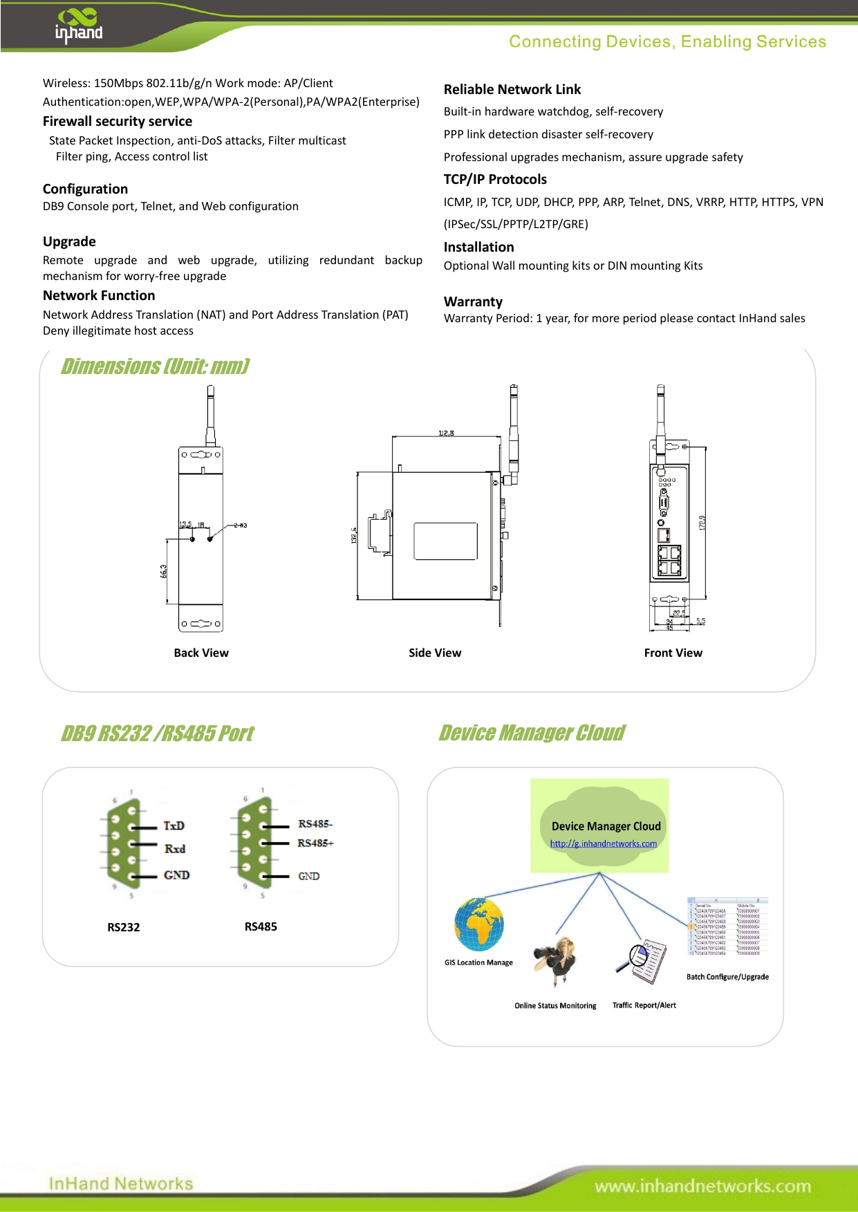                                               Wireless: 150Mbps 802.11b/g/n Work mode: AP/Client   Authentication:open,WEP,WPA/WPA-2(Personal),PA/WPA2(Enterprise) Firewall security service     State Packet Inspection, anti-DoS attacks, Filter multicast     Filter ping, Access control list    Configuration DB9 Console port, Telnet, and Web configuration  Upgrade Remote  upgrade  and  web  upgrade,  utilizing  redundant  backup mechanism for worry-free upgrade Network Function Network Address Translation (NAT) and Port Address Translation (PAT) Deny illegitimate host access  Reliable Network Link Built-in hardware watchdog, self-recovery PPP link detection disaster self-recovery Professional upgrades mechanism, assure upgrade safety TCP/IP Protocols ICMP, IP, TCP, UDP, DHCP, PPP, ARP, Telnet, DNS, VRRP, HTTP, HTTPS, VPN (IPSec/SSL/PPTP/L2TP/GRE) Installation Optional Wall mounting kits or DIN mounting Kits  Warranty Warranty Period: 1 year, for more period please contact InHand sales Dimensions (Unit: mm) Side View Front View Back View DB9 RS232 /RS485 Port RS232 RS485 Device Manager Cloud 