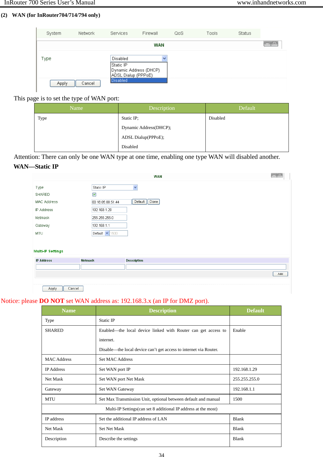  InRouter 700 Series User’s Manual                                            www.inhandnetworks.com 34  (2) WAN (for InRouter704/714/794 only)    This page is to set the type of WAN port: Name  Description  Default Type Static IP; Dynamic Address(DHCP); ADSL Dialup(PPPoE); Disabled Disabled Attention: There can only be one WAN type at one time, enabling one type WAN will disabled another. WAN—Static IP  Notice: please DO NOT set WAN address as: 192.168.3.x (an IP for DMZ port). Name  Description  Default Type Static IP   SHARED  Enabled—the local device linked with Router can get access to internet. Disable—the local device can’t get access to internet via Router. Enable MAC Address  Set MAC Address   IP Address  Set WAN port IP  192.168.1.29 Net Mask  Set WAN port Net Mask  255.255.255.0 Gateway Set WAN Gateway  192.168.1.1 MTU  Set Max Transmission Unit, optional between default and manual  1500 Multi-IP Settings(can set 8 additional IP address at the most) IP address  Set the additional IP address of LAN  Blank Net Mask  Set Net Mask  Blank Description  Describe the settings  Blank 