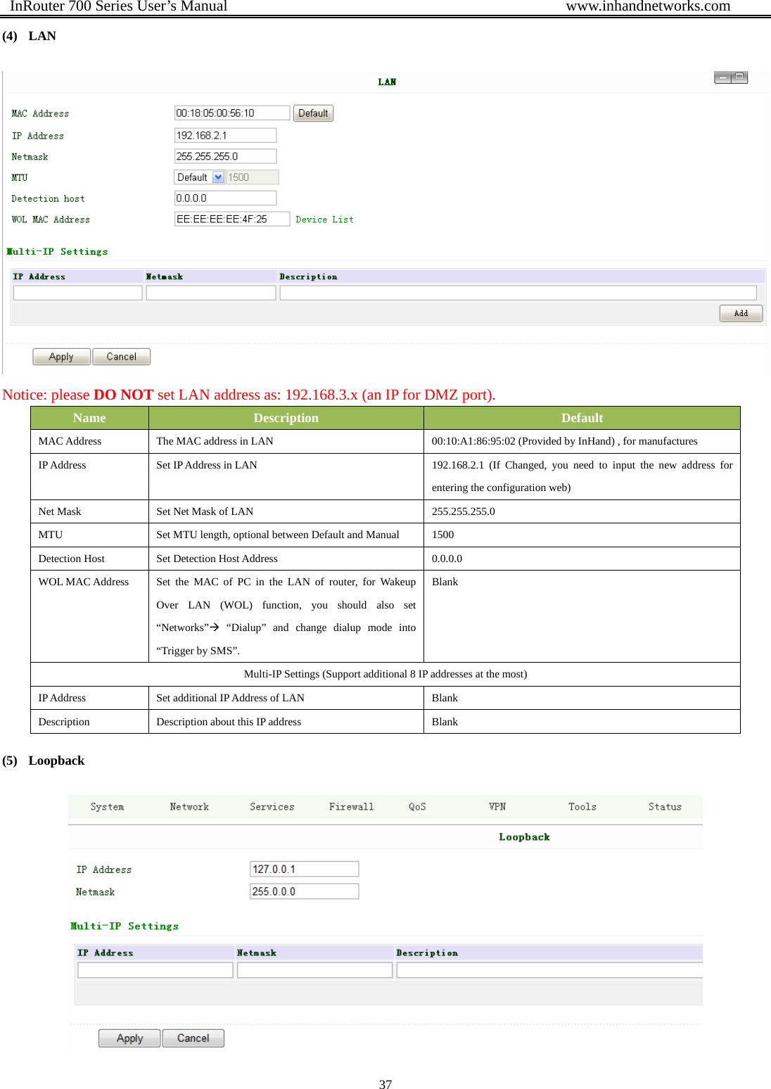  InRouter 700 Series User’s Manual                                            www.inhandnetworks.com 37  (4) LAN  Notice: please DO NOT set LAN address as: 192.168.3.x (an IP for DMZ port). Name  Description  Default MAC Address  The MAC address in LAN  00:10:A1:86:95:02 (Provided by InHand) , for manufactures IP Address  Set IP Address in LAN  192.168.2.1 (If Changed, you need to input the new address for entering the configuration web) Net Mask  Set Net Mask of LAN  255.255.255.0 MTU  Set MTU length, optional between Default and Manual  1500 Detection Host  Set Detection Host Address  0.0.0.0 WOL MAC Address  Set the MAC of PC in the LAN of router, for Wakeup Over LAN (WOL) function, you should also set “Networks”Æ “Dialup” and change dialup mode into “Trigger by SMS”. Blank Multi-IP Settings (Support additional 8 IP addresses at the most)   IP Address  Set additional IP Address of LAN  Blank Description  Description about this IP address  Blank (5) Loopback  