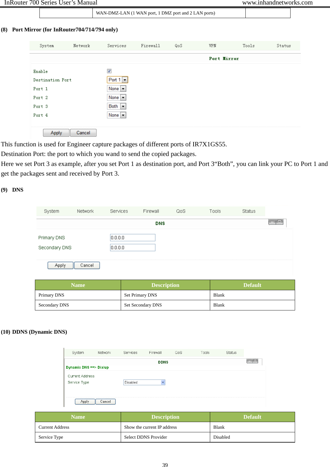  InRouter 700 Series User’s Manual                                            www.inhandnetworks.com 39  WAN-DMZ-LAN (1 WAN port, 1 DMZ port and 2 LAN ports) (8) Port Mirror (for InRouter704/714/794 only)  This function is used for Engineer capture packages of different ports of IR7X1GS55. Destination Port: the port to which you wand to send the copied packages. Here we set Port 3 as example, after you set Port 1 as destination port, and Port 3“Both”, you can link your PC to Port 1 and get the packages sent and received by Port 3. (9) DNS   Name  Description  Default Primary DNS  Set Primary DNS  Blank Secondary DNS  Set Secondary DNS  Blank  (10) DDNS (Dynamic DNS)  Name  Description  Default Current Address  Show the current IP address  Blank Service Type  Select DDNS Provider  Disabled 