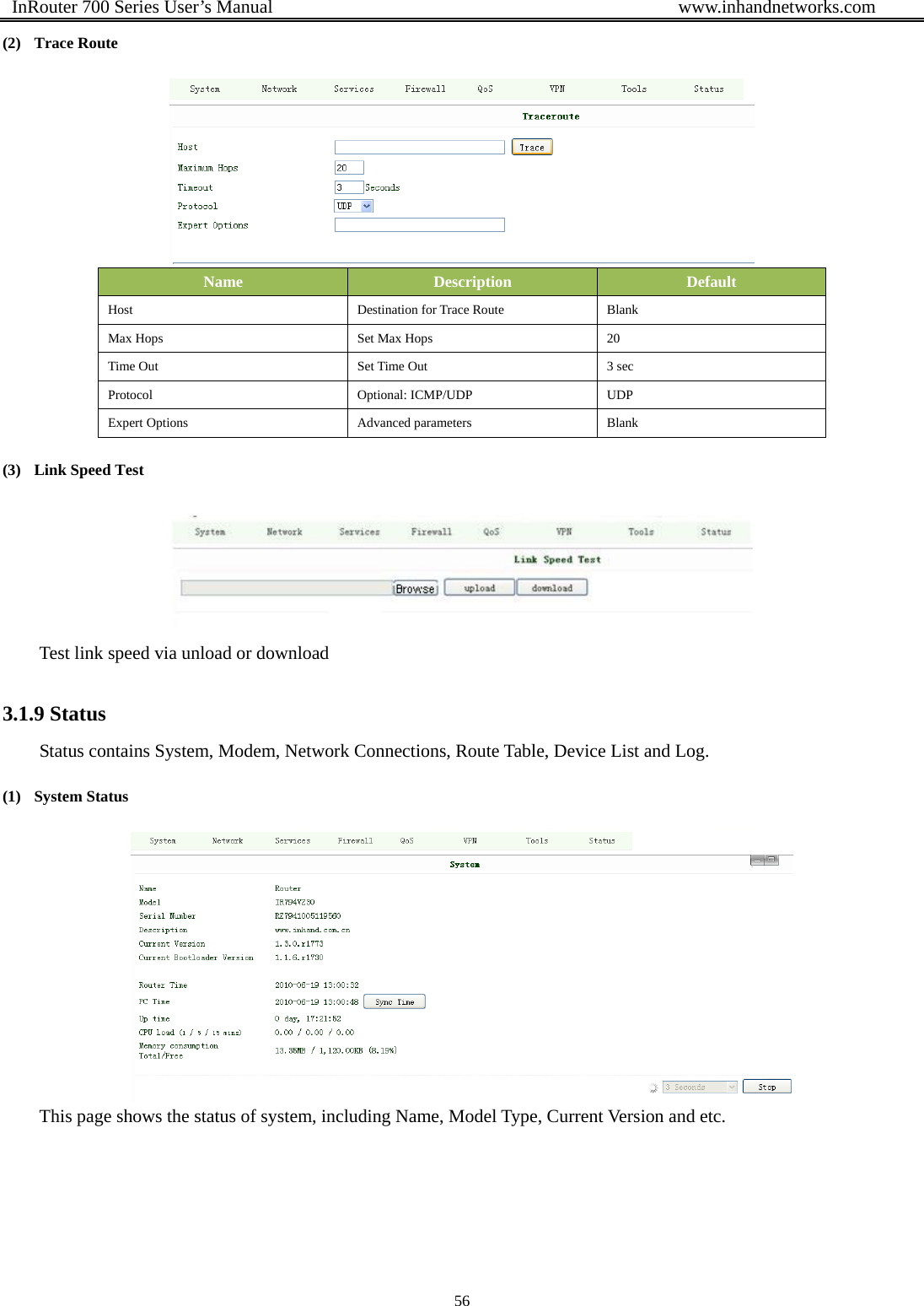  InRouter 700 Series User’s Manual                                            www.inhandnetworks.com 56  (2) Trace Route  Name  Description  Default Host  Destination for Trace Route  Blank Max Hops  Set Max Hops  20 Time Out  Set Time Out  3 sec Protocol   Optional: ICMP/UDP  UDP Expert Options  Advanced parameters  Blank (3) Link Speed Test  Test link speed via unload or download 3.1.9 Status Status contains System, Modem, Network Connections, Route Table, Device List and Log.   (1) System Status  This page shows the status of system, including Name, Model Type, Current Version and etc.   