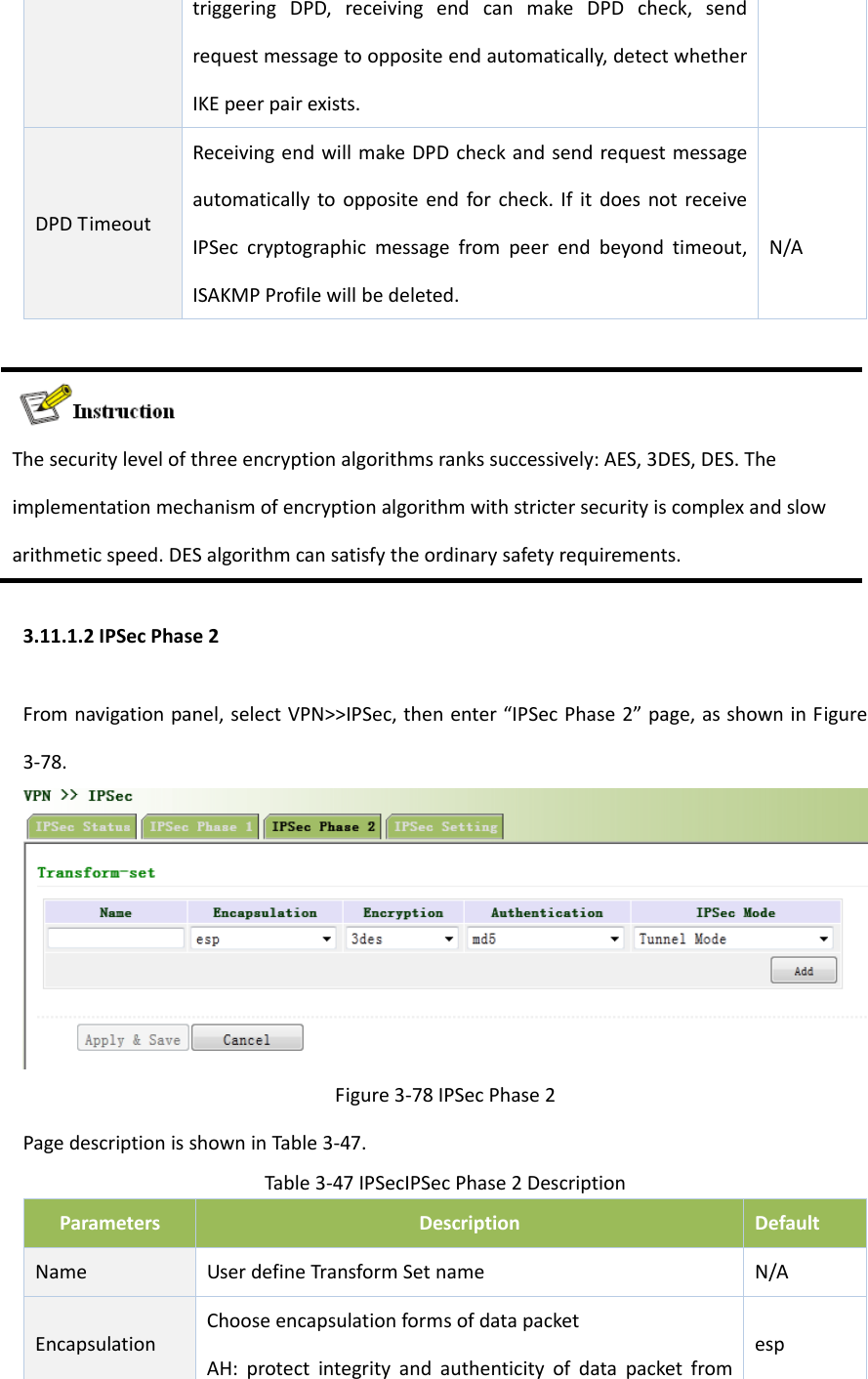 triggeringDPD,receivingendcanmakeDPDcheck,sendrequestmessagetooppositeendautomatically,detectwhetherIKEpeerpairexists.DPDTimeoutReceivingendwillmakeDPDcheckandsendrequestmessageautomaticallytooppositeendforcheck.IfitdoesnotreceiveIPSeccryptographicmessagefrompeerendbeyondtimeout,ISAKMPProfilewillbedeleted.N/AThesecuritylevelofthreeencryptionalgorithmsrankssuccessively:AES,3DES,DES.Theimplementationmechanismofencryptionalgorithmwithstrictersecurityiscomplexandslowarithmeticspeed.DESalgorithmcansatisfytheordinarysafetyrequirements.3.11.1.2IPSecPhase2Fromnavigationpanel,selectVPN>>IPSec,thenenter&ldquo;IPSecPhase2&rdquo;page,asshowninFigure3‐78.Figure3‐78IPSecPhase2PagedescriptionisshowninTable3‐47.Table3‐47IPSecIPSecPhase2DescriptionParametersDescriptionDefaultName UserdefineTransformSetname N/AEncapsulationChooseencapsulationformsofdatapacketAH:protectintegrityandauthenticityofdatapacketfromesp