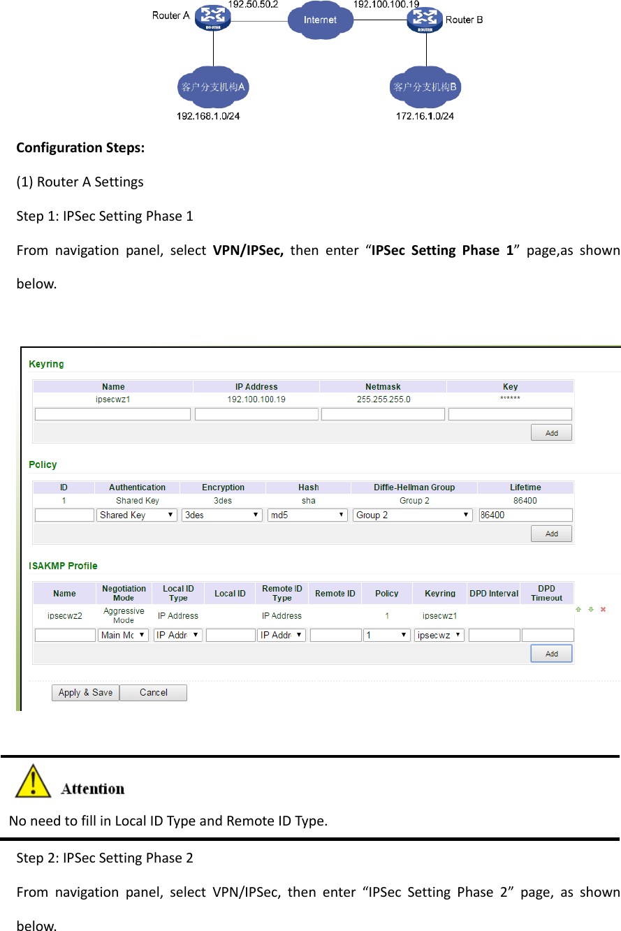ConfigurationSteps:(1)RouterASettingsStep1:IPSecSettingPhase1Fromnavigationpanel,selectVPN/IPSec,thenenter&ldquo;IPSecSettingPhase1&rdquo;page,asshownbelow.NoneedtofillinLocalIDTypeandRemoteIDType.Step2:IPSecSettingPhase2Fromnavigationpanel,selectVPN/IPSec,thenenter&ldquo;IPSecSettingPhase2&rdquo;page,asshownbelow.