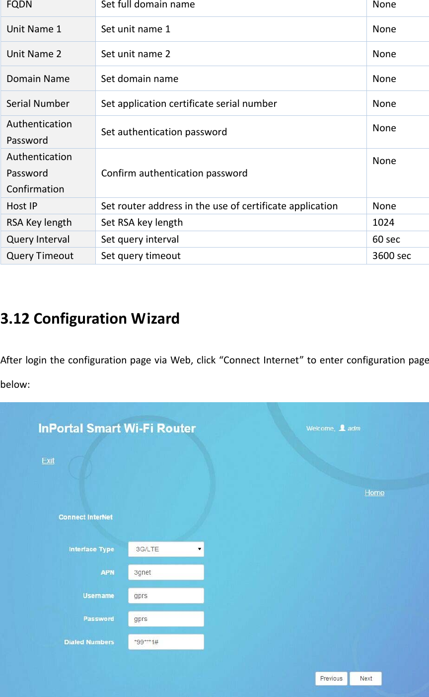 FQDNSetfulldomainnameNoneUnitName1Setunitname1NoneUnitName2Setunitname2NoneDomainName SetdomainnameNoneSerialNumberSetapplicationcertificateserialnumberNoneAuthenticationPasswordSetauthenticationpasswordNoneAuthenticationPasswordConfirmationConfirmauthenticationpasswordNoneHostIPSetrouteraddressintheuseofcertificateapplicationNoneRSAKeylengthSetRSAkeylength1024QueryIntervalSetqueryinterval60secQueryTimeoutSetquerytimeout3600sec3.12ConfigurationWizardAfterlogintheconfigurationpageviaWeb,click&ldquo;ConnectInternet&rdquo;toenterconfigurationpagebelow: