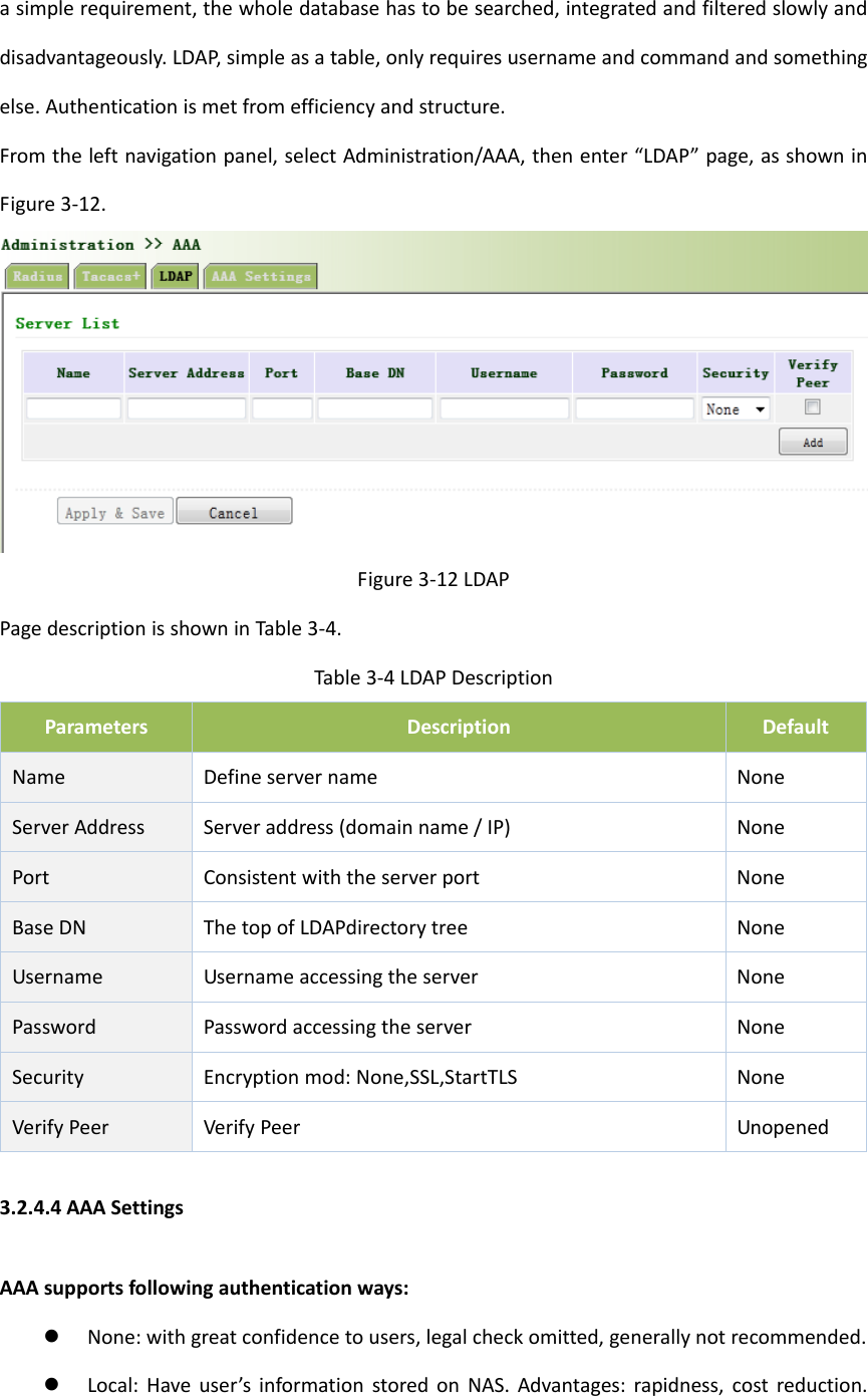 asimplerequirement,thewholedatabasehastobesearched,integratedandfilteredslowlyanddisadvantageously.LDAP,simpleasatable,onlyrequiresusernameandcommandandsomethingelse.Authenticationismetfromefficiencyandstructure.Fromtheleftnavigationpanel,selectAdministration/AAA,thenenter&ldquo;LDAP&rdquo;page,asshowninFigure3‐12.Figure3‐12LDAPPagedescriptionisshowninTable3‐4.Table3‐4LDAPDescriptionParametersDescriptionDefaultName DefineservernameNoneServerAddressServeraddress(domainname/IP)NonePortConsistentwiththeserverportNoneBaseDNThetopofLDAPdirectorytreeNoneUsernameUsernameaccessingtheserverNonePasswordPasswordaccessingtheserverNoneSecurity Encryptionmod:None,SSL,StartTLSNoneVerifyPeer VerifyPeerUnopened3.2.4.4AAASettingsAAAsupportsfollowingauthenticationways: None:withgreatconfidencetousers,legalcheckomitted,generallynotrecommended. Local:Haveuser&rsquo;sinformationstoredonNAS.Advantages:rapidness,costreduction.
