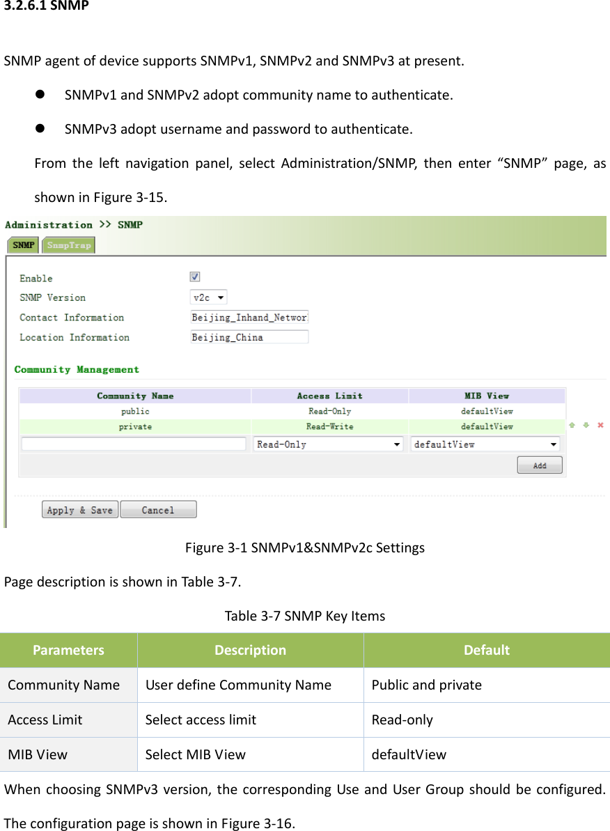 3.2.6.1SNMPSNMPagentofdevicesupportsSNMPv1,SNMPv2andSNMPv3atpresent. SNMPv1andSNMPv2adoptcommunitynametoauthenticate. SNMPv3adoptusernameandpasswordtoauthenticate.Fromtheleftnavigationpanel,selectAdministration/SNMP,thenenter&ldquo;SNMP&rdquo;page,asshowninFigure3‐15.Figure3‐1SNMPv1&amp;SNMPv2cSettingsPagedescriptionisshowninTable3‐7.Table3‐7SNMPKeyItemsParametersDescriptionDefaultCommunityNameUserdefineCommunityNamePublicandprivateAccessLimitSelectaccesslimitRead‐onlyMIBView SelectMIBViewdefaultViewWhenchoosingSNMPv3version,thecorrespondingUseandUserGroupshouldbeconfigured.TheconfigurationpageisshowninFigure3‐16.