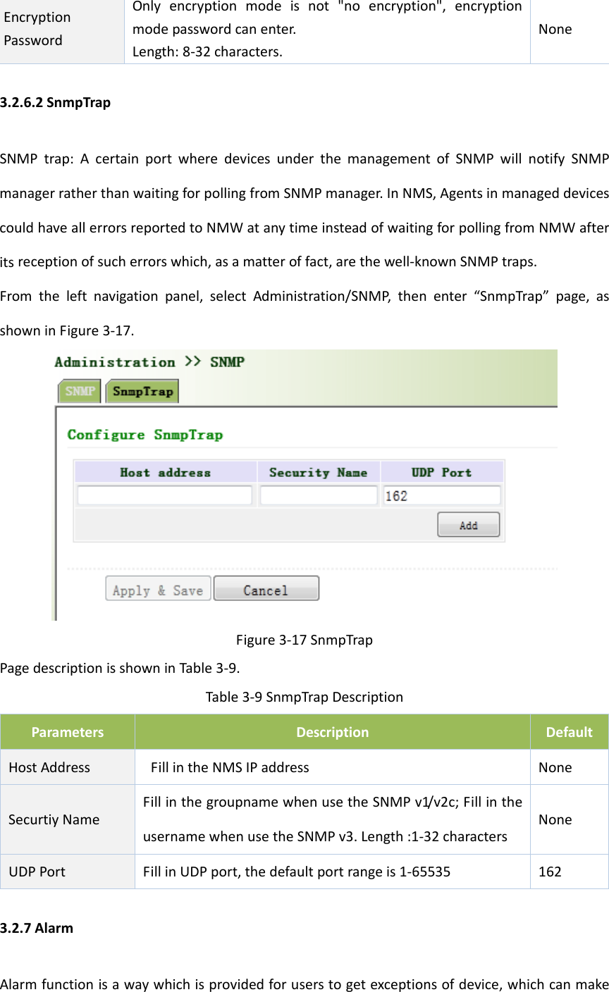 EncryptionPasswordOnlyencryptionmodeisnot"noencryption",encryptionmodepasswordcanenter.Length:8‐32characters.None3.2.6.2SnmpTrapSNMPtrap:AcertainportwheredevicesunderthemanagementofSNMPwillnotifySNMPmanagerratherthanwaitingforpollingfromSNMPmanager.InNMS,AgentsinmanageddevicescouldhaveallerrorsreportedtoNMWatanytimeinsteadofwaitingforpollingfromNMWafteritsreceptionofsucherrorswhich,asamatteroffact,arethewell‐knownSNMPtraps.Fromtheleftnavigationpanel,selectAdministration/SNMP,thenenter&ldquo;SnmpTrap&rdquo;page,asshowninFigure3‐17.Figure3‐17SnmpTrapPagedescriptionisshowninTable3‐9.Table3‐9SnmpTrapDescriptionParametersDescriptionDefaultHostAddressFillintheNMSIPaddressNoneSecurtiyNameFillinthegroupnamewhenusetheSNMPv1/v2c;FillintheusernamewhenusetheSNMPv3.Length:1‐32charactersNoneUDPPort FillinUDPport,thedefaultportrangeis1‐655351623.2.7AlarmAlarmfunctionisawaywhichisprovidedforuserstogetexceptionsofdevice,whichcanmake