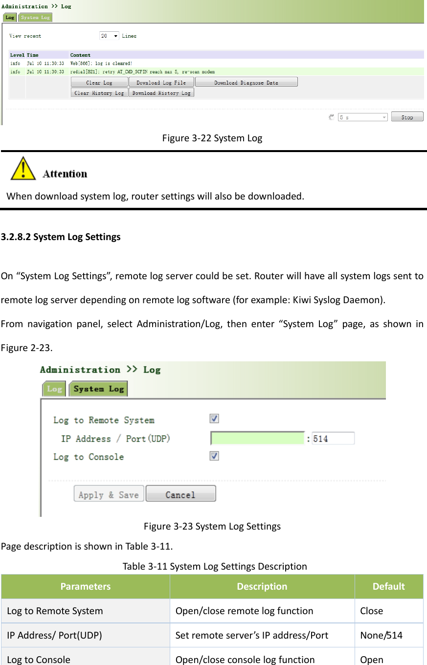 Figure3‐22SystemLogWhendownloadsystemlog,routersettingswillalsobedownloaded.3.2.8.2SystemLogSettingsOn&ldquo;SystemLogSettings&rdquo;,remotelogservercouldbeset.Routerwillhaveallsystemlogssenttoremotelogserverdependingonremotelogsoftware(forexample:KiwiSyslogDaemon).Fromnavigationpanel,selectAdministration/Log,thenenter&ldquo;SystemLog&rdquo;page,asshowninFigure2‐23.Figure3‐23SystemLogSettingsPagedescriptionisshowninTable3‐11.Table3‐11SystemLogSettingsDescriptionParametersDescriptionDefaultLogtoRemoteSystemOpen/closeremotelogfunctionCloseIPAddress/Port(UDP)Setremoteserver&rsquo;sIPaddress/PortNone/514LogtoConsoleOpen/closeconsolelogfunctionOpen