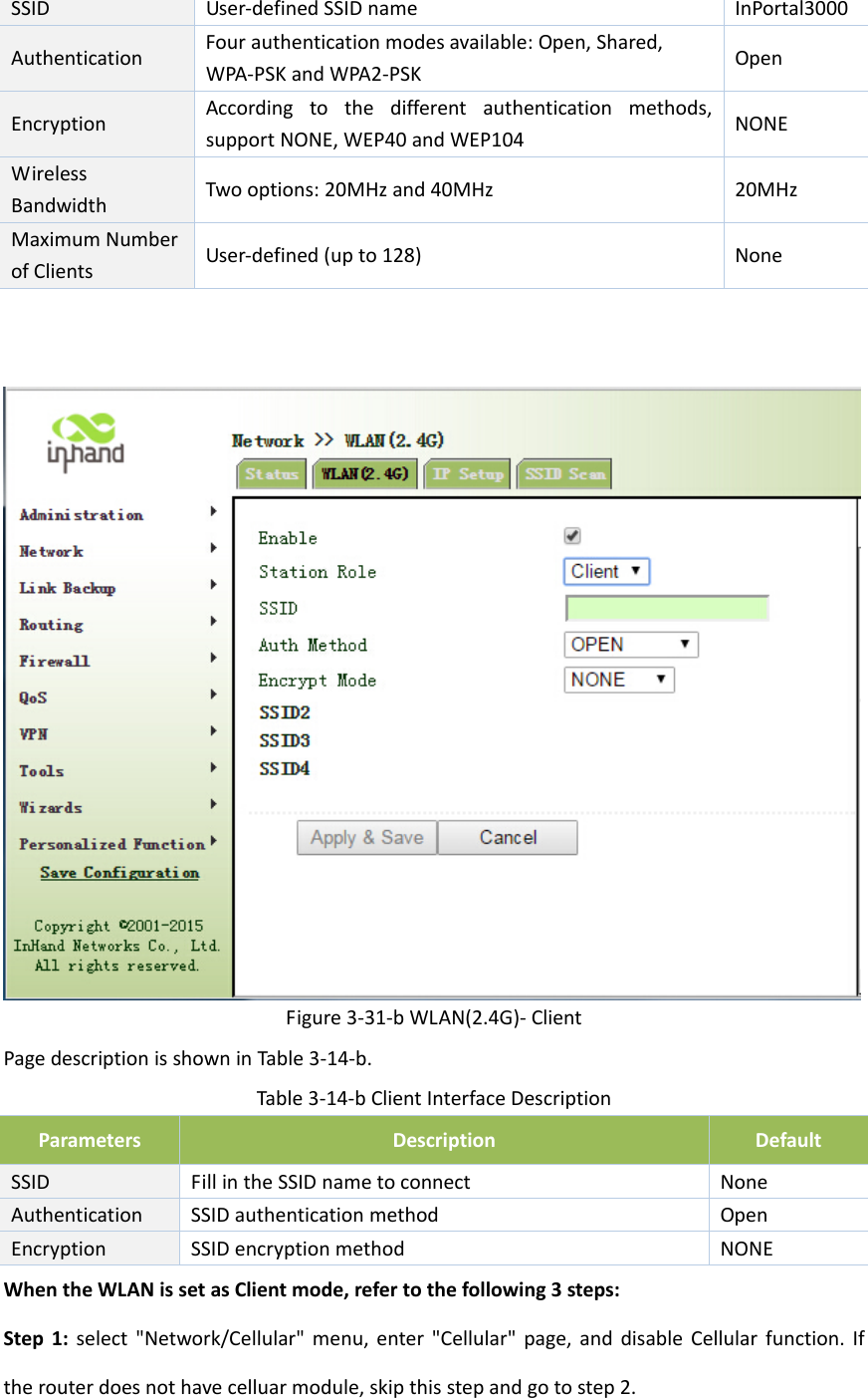 SSIDUser‐definedSSIDnameInPortal3000AuthenticationFourauthenticationmodesavailable:Open,Shared,WPA‐PSKandWPA2‐PSKOpenEncryptionAccordingtothedifferentauthenticationmethods,supportNONE,WEP40andWEP104NONEWirelessBandwidthTwooptions:20MHzand40MHz20MHzMaximumNumberofClients User‐defined(upto128)NoneFigure3‐31‐bWLAN(2.4G)‐ClientPagedescriptionisshowninTable3‐14‐b.Table3‐14‐bClientInterfaceDescriptionParametersDescriptionDefaultSSIDFillintheSSIDnametoconnectNoneAuthenticationSSIDauthenticationmethodOpenEncryptionSSIDencryptionmethodNONEWhentheWLANissetasClientmode,refertothefollowing3steps:Step1:select"Network/Cellular"menu,enter"Cellular"page,anddisableCellularfunction.Iftherouterdoesnothavecelluarmodule,skipthisstepandgotostep2.
