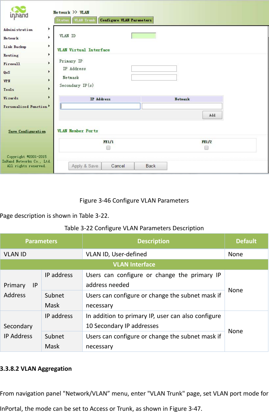 Figure3‐46ConfigureVLANParametersPagedescriptionisshowninTable3‐22.Table3‐22ConfigureVLANParametersDescriptionParametersDescriptionDefaultVLANIDVLANID,User‐definedNoneVLANInterfacePrimaryIPAddressIPaddressUserscanconfigureorchangetheprimaryIPaddressneededNoneSubnetMaskUserscanconfigureorchangethesubnetmaskifnecessarySecondaryIPAddressIPaddressInadditiontoprimaryIP,usercanalsoconfigure10SecondaryIPaddressesNoneSubnetMaskUserscanconfigureorchangethesubnetmaskifnecessary3.3.8.2VLANAggregationFromnavigationpanel"Network/VLAN&rdquo;menu,enter"VLANTrunk"page,setVLANportmodeforInPortal,themodecanbesettoAccessorTrunk,asshowninFigure3‐47.