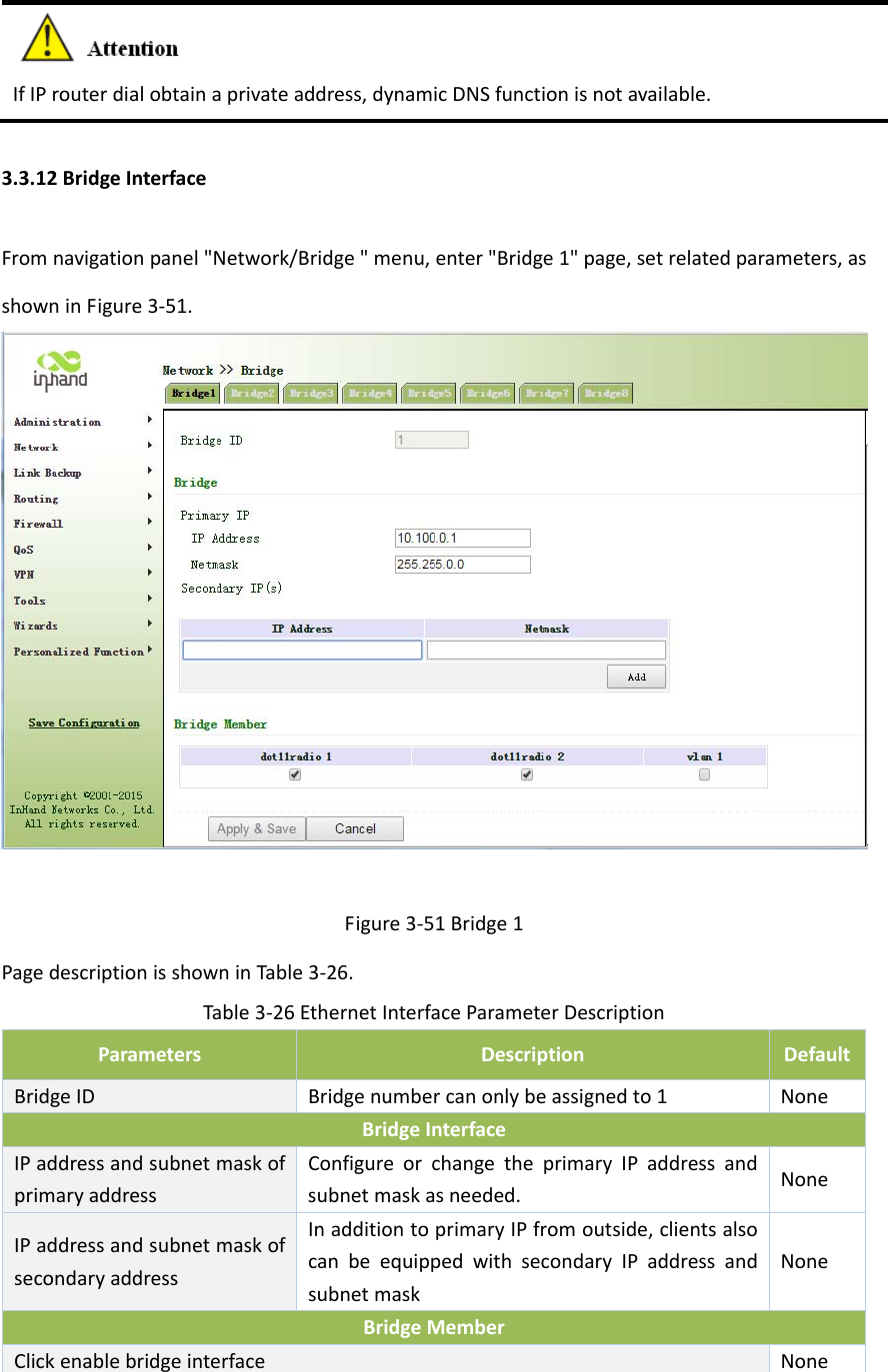 IfIProuterdialobtainaprivateaddress,dynamicDNSfunctionisnotavailable.3.3.12BridgeInterfaceFromnavigationpanel"Network/Bridge"menu,enter"Bridge1"page,setrelatedparameters,asshowninFigure3‐51.Figure3‐51Bridge1PagedescriptionisshowninTable3‐26.Table3‐26EthernetInterfaceParameterDescriptionParametersDescriptionDefaultBridgeIDBridgenumbercanonlybeassignedto1NoneBridgeInterfaceIPaddressandsubnetmaskofprimaryaddressConfigureorchangetheprimaryIPaddressandsubnetmaskasneeded.NoneIPaddressandsubnetmaskofsecondaryaddressInadditiontoprimaryIPfromoutside,clientsalsocanbeequippedwithsecondaryIPaddressandsubnetmaskNoneBridgeMemberClickenablebridgeinterfaceNone