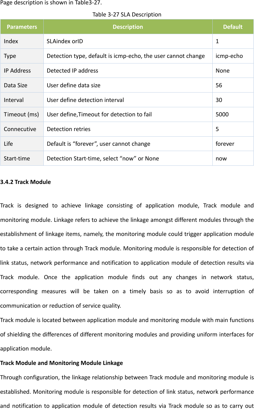 PagedescriptionisshowninTable3‐27.Table3‐27SLADescriptionParametersDescriptionDefaultIndexSLAindexorID1TypeDetectiontype,defaultisicmp‐echo,theusercannotchange icmp‐echoIPAddressDetectedIPaddressNoneDataSize Userdefinedatasize 56Interval Userdefinedetectioninterval 30Timeout(ms)Userdefine,Timeoutfordetectiontofail5000ConnecutiveDetectionretries5LifeDefaultis&ldquo;forever&rdquo;,usercannotchange foreverStart‐timeDetectionStart‐time,select&ldquo;now&rdquo;orNonenow3.4.2TrackModuleTrackisdesignedtoachievelinkageconsistingofapplicationmodule,Trackmoduleandmonitoringmodule.Linkagereferstoachievethelinkageamongstdifferentmodulesthroughtheestablishmentoflinkageitems,namely,themonitoringmodulecouldtriggerapplicationmoduletotakeacertainactionthroughTrackmodule.Monitoringmoduleisresponsiblefordetectionoflinkstatus,networkperformanceandnotificationtoapplicationmoduleofdetectionresultsviaTrackmodule.Oncetheapplicationmodulefindsoutanychangesinnetworkstatus,correspondingmeasureswillbetakenonatimelybasissoastoavoidinterruptionofcommunicationorreductionofservicequality.Trackmoduleislocatedbetweenapplicationmoduleandmonitoringmodulewithmainfunctionsofshieldingthedifferencesofdifferentmonitoringmodulesandprovidinguniforminterfacesforapplicationmodule.TrackModuleandMonitoringModuleLinkageThroughconfiguration,thelinkagerelationshipbetweenTrackmoduleandmonitoringmoduleisestablished.Monitoringmoduleisresponsiblefordetectionoflinkstatus,networkperformanceandnotificationtoapplicationmoduleofdetectionresultsviaTrackmodulesoastocarryout
