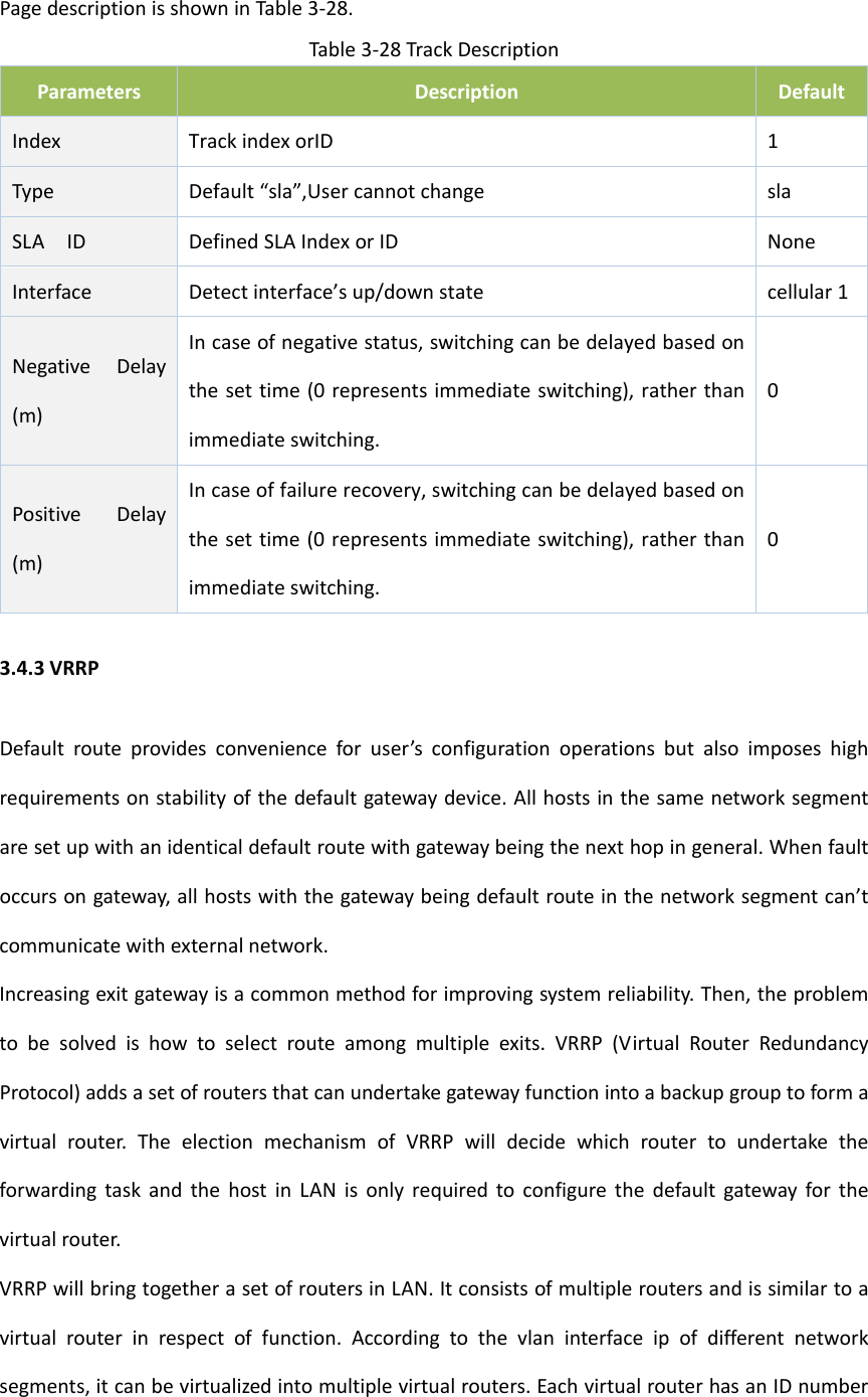 PagedescriptionisshowninTable3‐28.Table3‐28TrackDescriptionParametersDescriptionDefaultIndex TrackindexorID1TypeDefault&ldquo;sla&rdquo;,UsercannotchangeslaSLAIDDefinedSLAIndexorIDNoneInterfaceDetectinterface&rsquo;sup/downstatecellular1NegativeDelay(m)Incaseofnegativestatus,switchingcanbedelayedbasedonthesettime(0representsimmediateswitching),ratherthanimmediateswitching.0PositiveDelay(m)Incaseoffailurerecovery,switchingcanbedelayedbasedonthesettime(0representsimmediateswitching),ratherthanimmediateswitching.03.4.3VRRPDefaultrouteprovidesconvenienceforuser&rsquo;sconfigurationoperationsbutalsoimposeshighrequirementsonstabilityofthedefaultgatewaydevice.Allhostsinthesamenetworksegmentaresetupwithanidenticaldefaultroutewithgatewaybeingthenexthopingeneral.Whenfaultoccursongateway,allhostswiththegatewaybeingdefaultrouteinthenetworksegmentcan&rsquo;tcommunicatewithexternalnetwork.Increasingexitgatewayisacommonmethodforimprovingsystemreliability.Then,theproblemtobesolvedishowtoselectrouteamongmultipleexits.VRRP(VirtualRouterRedundancyProtocol)addsasetofroutersthatcanundertakegatewayfunctionintoabackupgrouptoformavirtualrouter.TheelectionmechanismofVRRPwilldecidewhichroutertoundertaketheforwardingtaskandthehostinLANisonlyrequiredtoconfigurethedefaultgatewayforthevirtualrouter.VRRPwillbringtogetherasetofroutersinLAN.Itconsistsofmultipleroutersandissimilartoavirtualrouterinrespectoffunction.Accordingtothevlaninterfaceipofdifferentnetworksegments,itcanbevirtualizedintomultiplevirtualrouters.EachvirtualrouterhasanIDnumber
