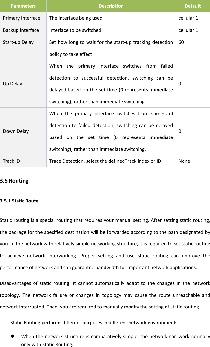 ParametersDescriptionDefaultPrimaryInterfaceTheinterfacebeingusedcellular1BackupInterfaceInterfacetobeswitchedcellular1Start‐upDelaySethowlongtowaitforthestart‐uptrackingdetectionpolicytotakeeffect60UpDelayWhentheprimaryinterfaceswitchesfromfaileddetectiontosuccessfuldetection,switchingcanbedelayedbasedonthesettime(0representsimmediateswitching),ratherthanimmediateswitching.0DownDelayWhentheprimaryinterfaceswitchesfromsuccessfuldetectiontofaileddetection,switchingcanbedelayedbasedonthesettime(0representsimmediateswitching),ratherthanimmediateswitching.0TrackIDTraceDetection,selectthedefinedTrackindexorIDNone3.5Routing3.5.1StaticRouteStaticroutingisaspecialroutingthatrequiresyourmanualsetting.Aftersettingstaticrouting,thepackageforthespecifieddestinationwillbeforwardedaccordingtothepathdesignatedbyyou.Inthenetworkwithrelativelysimplenetworkingstructure,itisrequiredtosetstaticroutingtoachievenetworkinterworking.Propersettingandusestaticroutingcanimprovetheperformanceofnetworkandcanguaranteebandwidthforimportantnetworkapplications.Disadvantagesofstaticrouting:Itcannotautomaticallyadapttothechangesinthenetworktopology.Thenetworkfailureorchangesintopologymaycausetherouteunreachableandnetworkinterrupted.Then,youarerequiredtomanuallymodifythesettingofstaticrouting.StaticRoutingperformsdifferentpurposesindifferentnetworkenvironments. Whenthenetworkstructureiscomparativelysimple,thenetworkcanworknormallyonlywithStaticRouting.