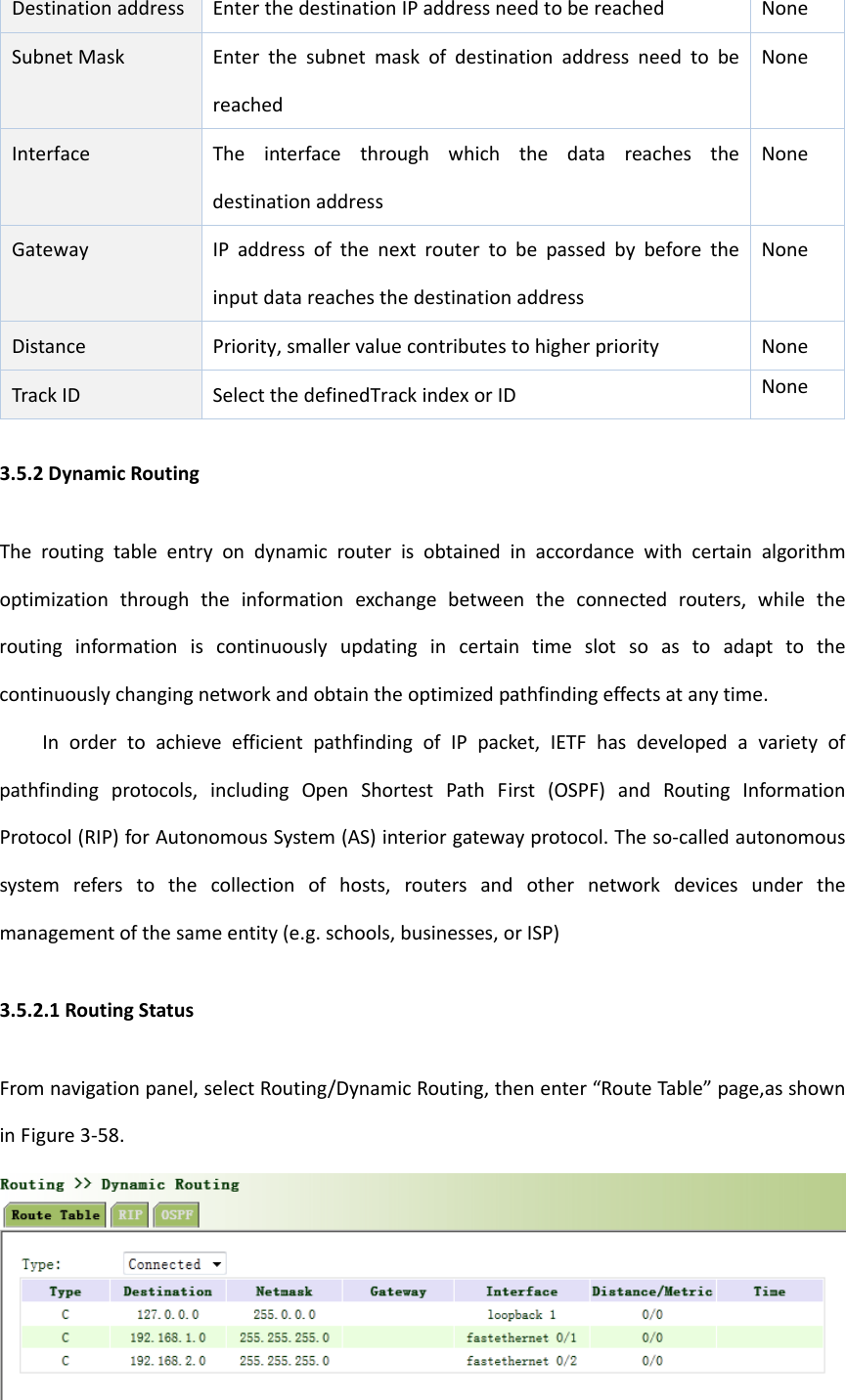 Destinationaddress EnterthedestinationIPaddressneedtobereachedNoneSubnetMaskEnterthesubnetmaskofdestinationaddressneedtobereachedNoneInterfaceTheinterfacethroughwhichthedatareachesthedestinationaddressNoneGatewayIPaddressofthenextroutertobepassedbybeforetheinputdatareachesthedestinationaddressNoneDistancePriority,smallervaluecontributestohigherpriorityNoneTrackIDSelectthedefinedTrackindexorIDNone3.5.2DynamicRoutingTheroutingtableentryondynamicrouterisobtainedinaccordancewithcertainalgorithmoptimizationthroughtheinformationexchangebetweentheconnectedrouters,whiletheroutinginformationiscontinuouslyupdatingincertaintimeslotsoastoadapttothecontinuouslychangingnetworkandobtaintheoptimizedpathfindingeffectsatanytime.InordertoachieveefficientpathfindingofIPpacket,IETFhasdevelopedavarietyofpathfindingprotocols,includingOpenShortestPathFirst(OSPF)andRoutingInformationProtocol(RIP)forAutonomousSystem(AS)interiorgatewayprotocol.Theso‐calledautonomoussystemreferstothecollectionofhosts,routersandothernetworkdevicesunderthemanagementofthesameentity(e.g.schools,businesses,orISP)3.5.2.1RoutingStatusFromnavigationpanel,selectRouting/DynamicRouting,thenenter&ldquo;RouteTable&rdquo;page,asshowninFigure3‐58.