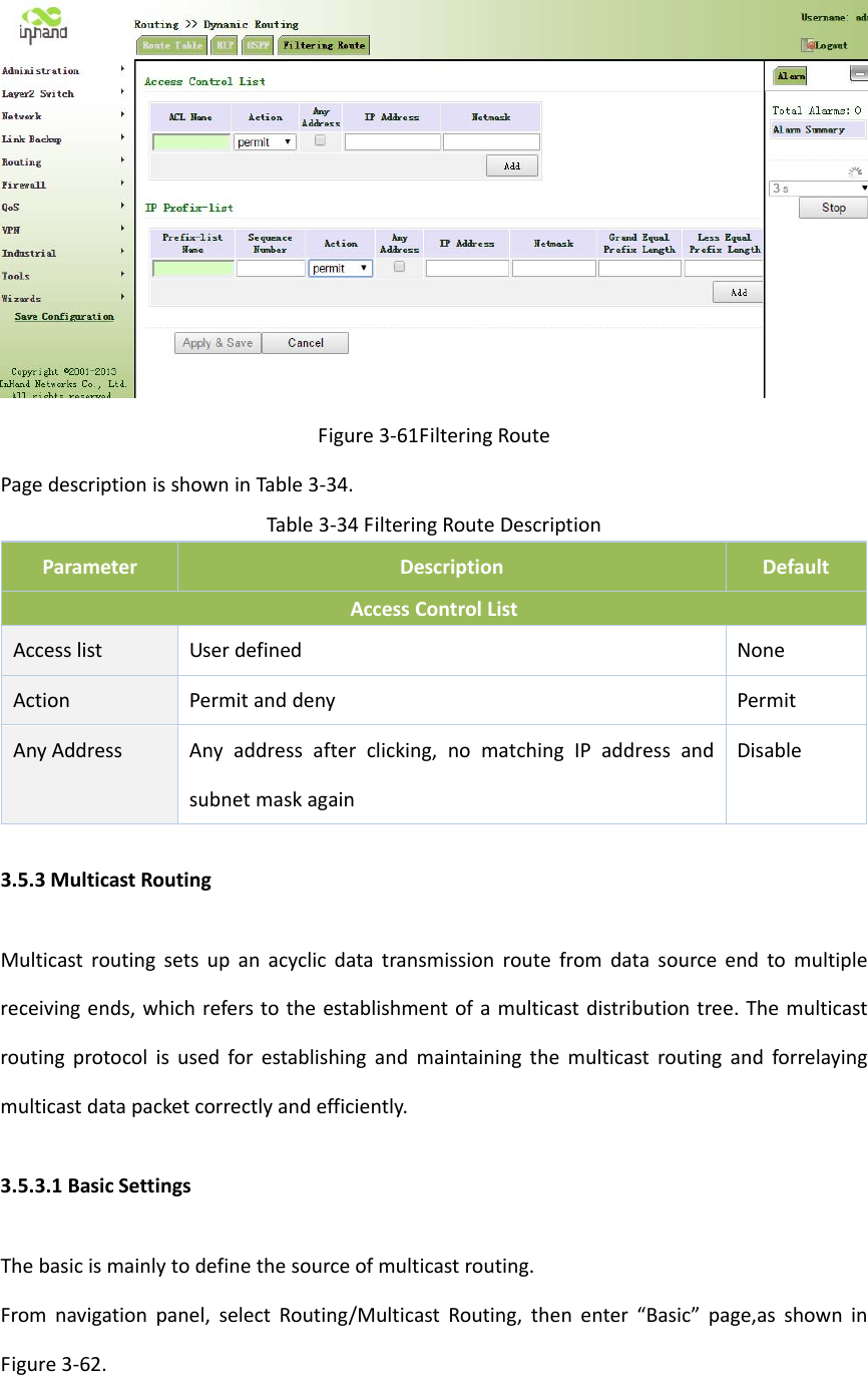 Figure3‐61FilteringRoutePagedescriptionisshowninTable3‐34.Table3‐34FilteringRouteDescriptionParameterDescriptionDefaultAccessControlListAccesslistUserdefined NoneActionPermitanddenyPermitAnyAddress Anyaddressafterclicking,nomatchingIPaddressandsubnetmaskagainDisable3.5.3MulticastRoutingMulticastroutingsetsupanacyclicdatatransmissionroutefromdatasourceendtomultiplereceivingends,whichreferstotheestablishmentofamulticastdistributiontree.Themulticastroutingprotocolisusedforestablishingandmaintainingthemulticastroutingandforrelayingmulticastdatapacketcorrectlyandefficiently.3.5.3.1BasicSettingsThebasicismainlytodefinethesourceofmulticastrouting.Fromnavigationpanel,selectRouting/MulticastRouting,thenenter&ldquo;Basic&rdquo;page,asshowninFigure3‐62.