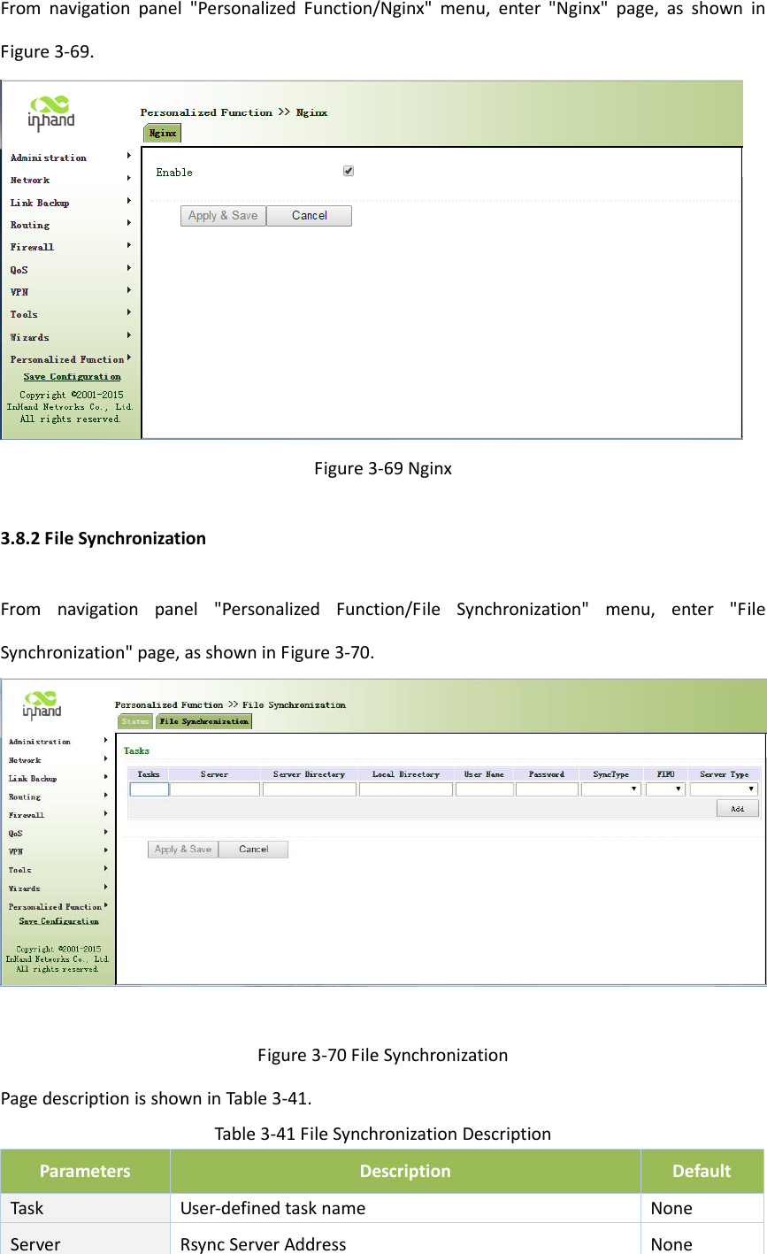 Fromnavigationpanel"PersonalizedFunction/Nginx"menu,enter"Nginx"page,asshowninFigure3‐69.Figure3‐69Nginx3.8.2FileSynchronizationFromnavigationpanel"PersonalizedFunction/FileSynchronization"menu,enter"FileSynchronization"page,asshowninFigure3‐70.Figure3‐70FileSynchronizationPagedescriptionisshowninTable3‐41.Table3‐41FileSynchronizationDescriptionParametersDescriptionDefaultTaskUser‐definedtasknameNoneServerRsyncServerAddressNone