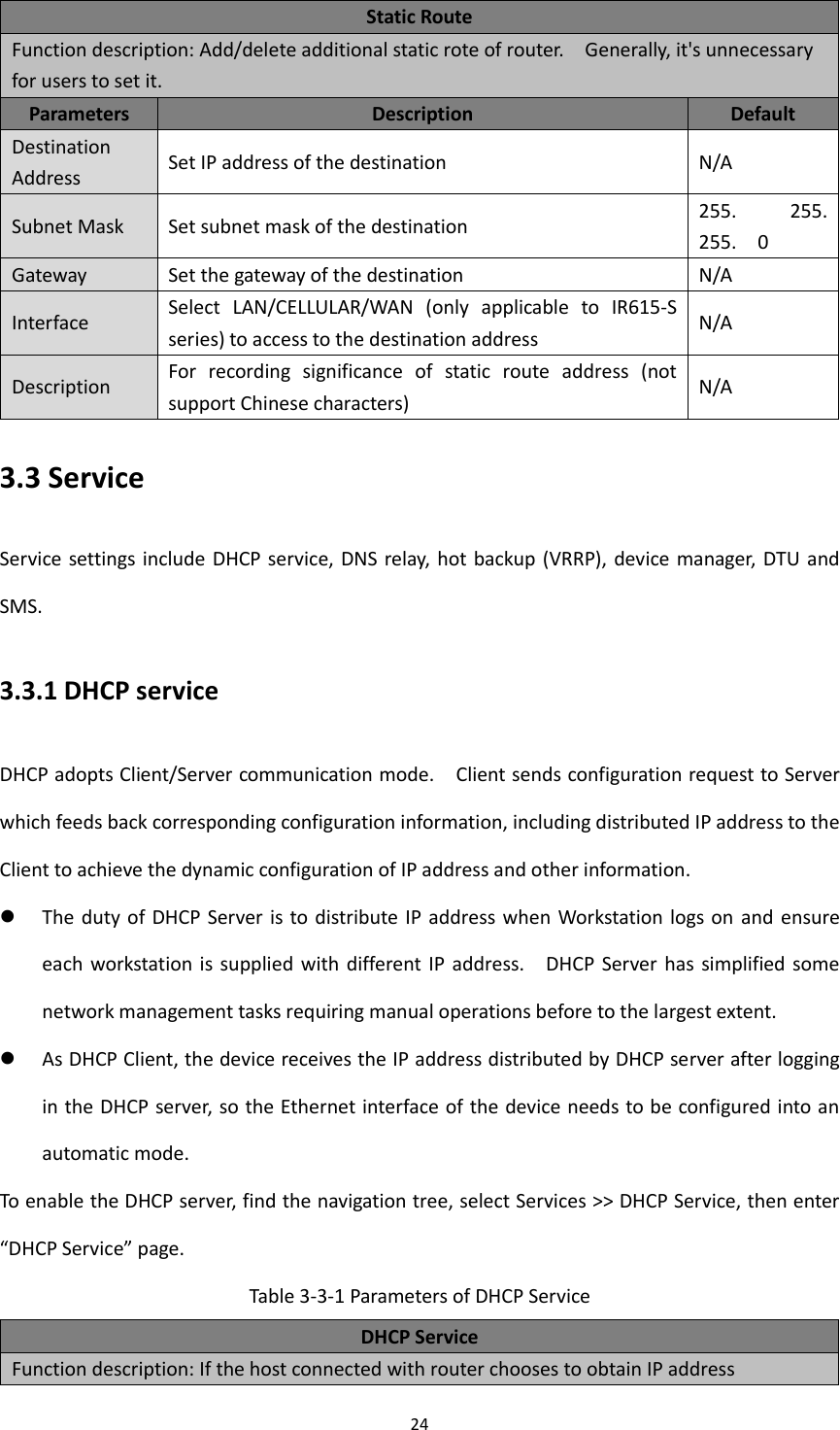 24  Static Route Function description: Add/delete additional static rote of router.    Generally, it's unnecessary for users to set it.   Parameters Description Default Destination Address Set IP address of the destination N/A Subnet Mask Set subnet mask of the destination 255.    255.   255.    0 Gateway Set the gateway of the destination N/A Interface Select  LAN/CELLULAR/WAN  (only  applicable  to  IR615-S series) to access to the destination address N/A Description For  recording  significance  of  static  route  address  (not support Chinese characters) N/A 3.3 Service Service settings include DHCP service, DNS relay, hot  backup (VRRP), device manager, DTU and SMS. 3.3.1 DHCP service DHCP adopts Client/Server communication mode.    Client sends configuration request to Server which feeds back corresponding configuration information, including distributed IP address to the Client to achieve the dynamic configuration of IP address and other information.  The duty of DHCP Server is to distribute IP address when Workstation logs on and ensure each workstation  is supplied  with  different IP address.    DHCP  Server has simplified some network management tasks requiring manual operations before to the largest extent.  As DHCP Client, the device receives the IP address distributed by DHCP server after logging in the DHCP server, so the Ethernet interface of the device needs to be configured into an automatic mode. To enable the DHCP server, find the navigation tree, select Services >> DHCP Service, then enter &ldquo;DHCP Service&rdquo; page. Table 3-3-1 Parameters of DHCP Service DHCP Service Function description: If the host connected with router chooses to obtain IP address 