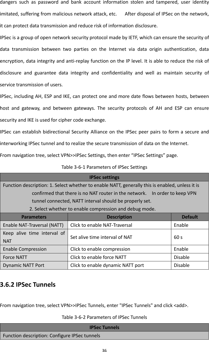 36  dangers  such  as  password  and  bank  account  information  stolen  and  tampered,  user  identity imitated, suffering from malicious network attack, etc.      After disposal of IPSec on the network, it can protect data transmission and reduce risk of information disclosure. IPSec is a group of open network security protocol made by IETF, which can ensure the security of data  transmission  between  two  parties  on  the  Internet  via  data  origin  authentication,  data encryption, data integrity and anti-replay function on the IP level. It is able to reduce the risk of disclosure  and  guarantee  data  integrity  and  confidentiality  and  well  as  maintain  security  of service transmission of users. IPSec, including AH, ESP and IKE, can protect one and more date flows between hosts, between host  and  gateway,  and  between  gateways.  The  security  protocols  of  AH  and  ESP  can  ensure security and IKE is used for cipher code exchange. IPSec can establish bidirectional Security Alliance on the IPSec peer  pairs to form a  secure and interworking IPSec tunnel and to realize the secure transmission of data on the Internet. From navigation tree, select VPN>>IPSec Settings, then enter &ldquo;IPSec Settings&rdquo; page. Table 3-6-1 Parameters of IPSec Settings   IPSec settings Function description: 1. Select whether to enable NATT, generally this is enabled, unless it is confirmed that there is no NAT router in the network.    In order to keep VPN tunnel connected, NATT interval should be properly set.                       2. Select whether to enable compression and debug mode. Parameters Description Default Enable NAT-Traversal (NATT) Click to enable NAT-Traversal Enable Keep  alive  time  interval  of NAT Set alive time interval of NAT 60 s Enable Compression Click to enable compression Enable Force NATT Click to enable force NATT Disable Dynamic NATT Port Click to enable dynamic NATT port Disable 3.6.2 IPSec Tunnels From navigation tree, select VPN>>IPSec Tunnels, enter "IPSec Tunnels" and click <add>. Table 3-6-2 Parameters of IPSec Tunnels   IPSec Tunnels Function description: Configure IPSec tunnels 