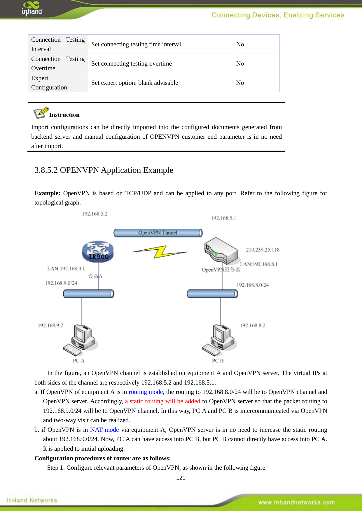  121 Connection Testing Interval   Set connecting testing time interval No Connection Testing Overtime Set connecting testing overtime    No Expert Configuration  Set expert option: blank advisable    No   Import configurations can be directly imported into the configured documents generated from backend server and manual configuration of OPENVPN customer end parameter is in no need after import.   3.8.5.2 OPENVPN Application Example Example: OpenVPN is based on TCP/UDP and can be applied to any port. Refer to the following figure for topological graph.    In the figure, an OpenVPN channel is established on equipment A and OpenVPN server. The virtual IPs at both sides of the channel are respectively 192.168.5.2 and 192.168.5.1.   a. If OpenVPN of equipment A is in routing mode, the routing to 192.168.8.0/24 will be to OpenVPN channel and OpenVPN server. Accordingly, a static routing will be added to OpenVPN server so that the packet routing to 192.168.9.0/24 will be to OpenVPN channel. In this way, PC A and PC B is intercommunicated via OpenVPN and two-way visit can be realized.   b. if OpenVPN is in NAT mode via equipment A, OpenVPN server is in no need to increase the static routing about 192.168.9.0/24. Now, PC A can have access into PC B, but PC B cannot directly have access into PC A. It is applied to initial uploading.   Configuration procedures of router are as follows:   Step 1: Configure relevant parameters of OpenVPN, as shown in the following figure.   
