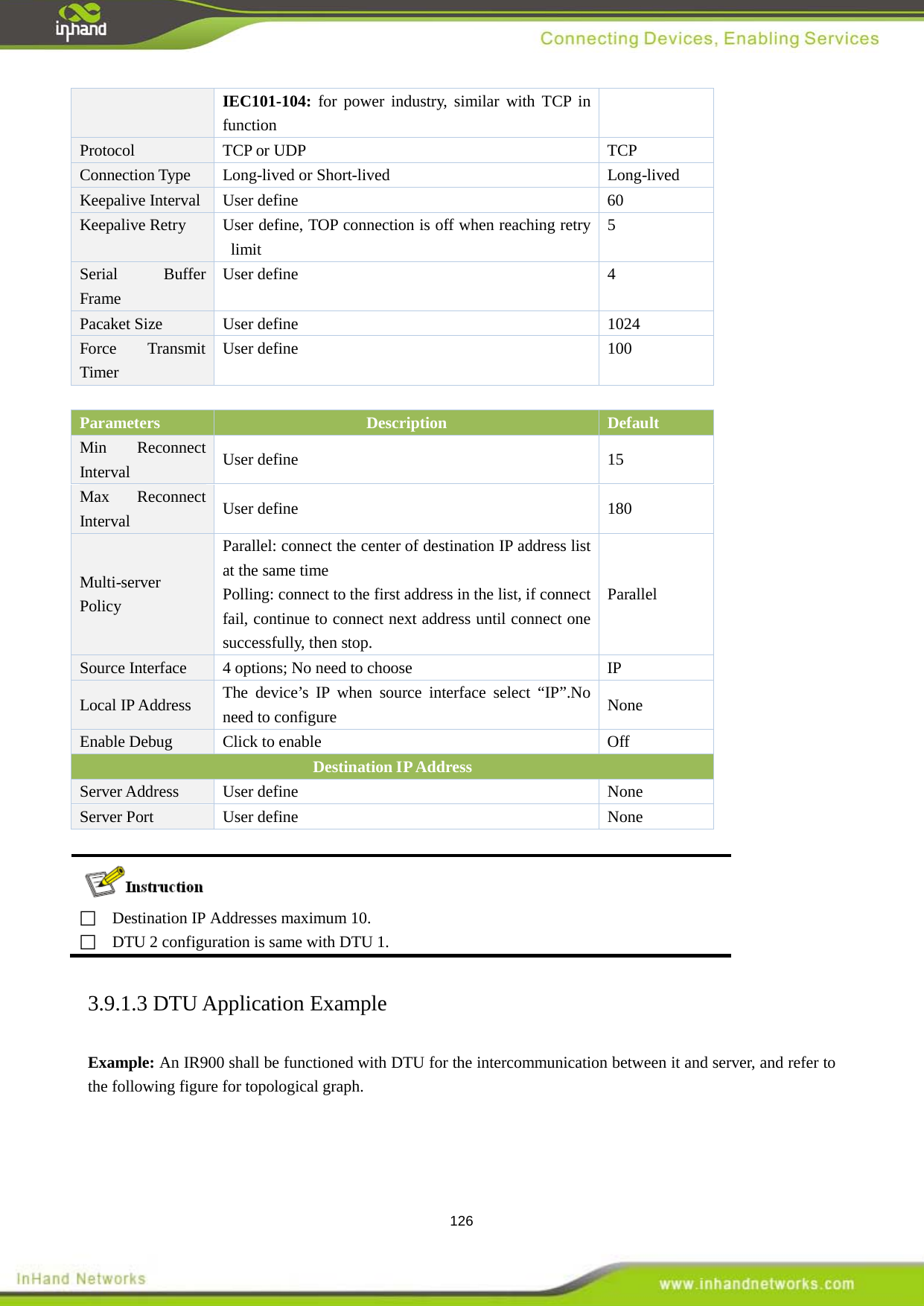  126 IEC101-104: for power industry, similar with TCP in function   Protocol   TCP or UDP TCP   Connection Type  Long-lived or Short-lived    Long-lived Keepalive Interval User define    60 Keepalive Retry User define, TOP connection is off when reaching retry limit 5 Serial Buffer Frame User define  4 Pacaket Size   User define  1024 Force Transmit Timer User define  100  Parameters   Description Default   Min Reconnect Interval   User define  15 Max Reconnect Interval User define  180 Multi-server Policy   Parallel: connect the center of destination IP address list at the same time Polling: connect to the first address in the list, if connect fail, continue to connect next address until connect one successfully, then stop. Parallel Source Interface    4 options; No need to choose    IP Local IP Address   The device&rsquo;s IP when source interface select &ldquo;IP&rdquo;.No need to configure    None   Enable Debug   Click to enable   Off Destination IP Address Server Address   User define  None   Server Port   User define  None     Destination IP Addresses maximum 10.     DTU 2 configuration is same with DTU 1. 3.9.1.3 DTU Application Example Example: An IR900 shall be functioned with DTU for the intercommunication between it and server, and refer to the following figure for topological graph.   