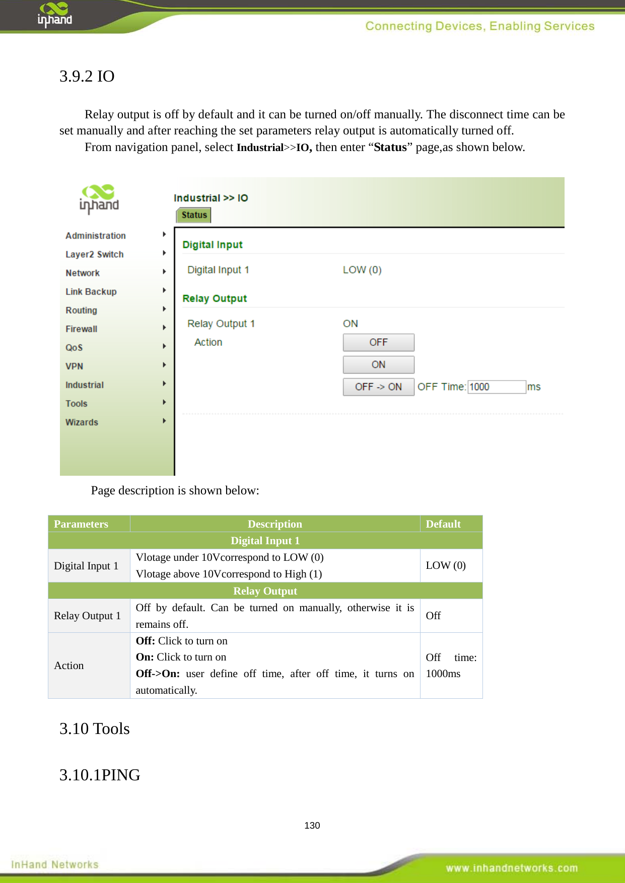  130 3.9.2 IO Relay output is off by default and it can be turned on/off manually. The disconnect time can be set manually and after reaching the set parameters relay output is automatically turned off.   From navigation panel, select Industrial>>IO, then enter &ldquo;Status&rdquo; page,as shown below.   Page description is shown below:  Parameters   Description Default   Digital Input 1   Digital Input 1 Vlotage under 10Vcorrespond to LOW (0)   Vlotage above 10Vcorrespond to High (1)    LOW (0) Relay Output   Relay Output 1 Off by default. Can be turned on manually, otherwise it is remains off.   Off   Action   Off: Click to turn on On: Click to turn on Off->On: user define off time, after off time, it turns on automatically.   Off time: 1000ms 3.10 Tools 3.10.1PING 