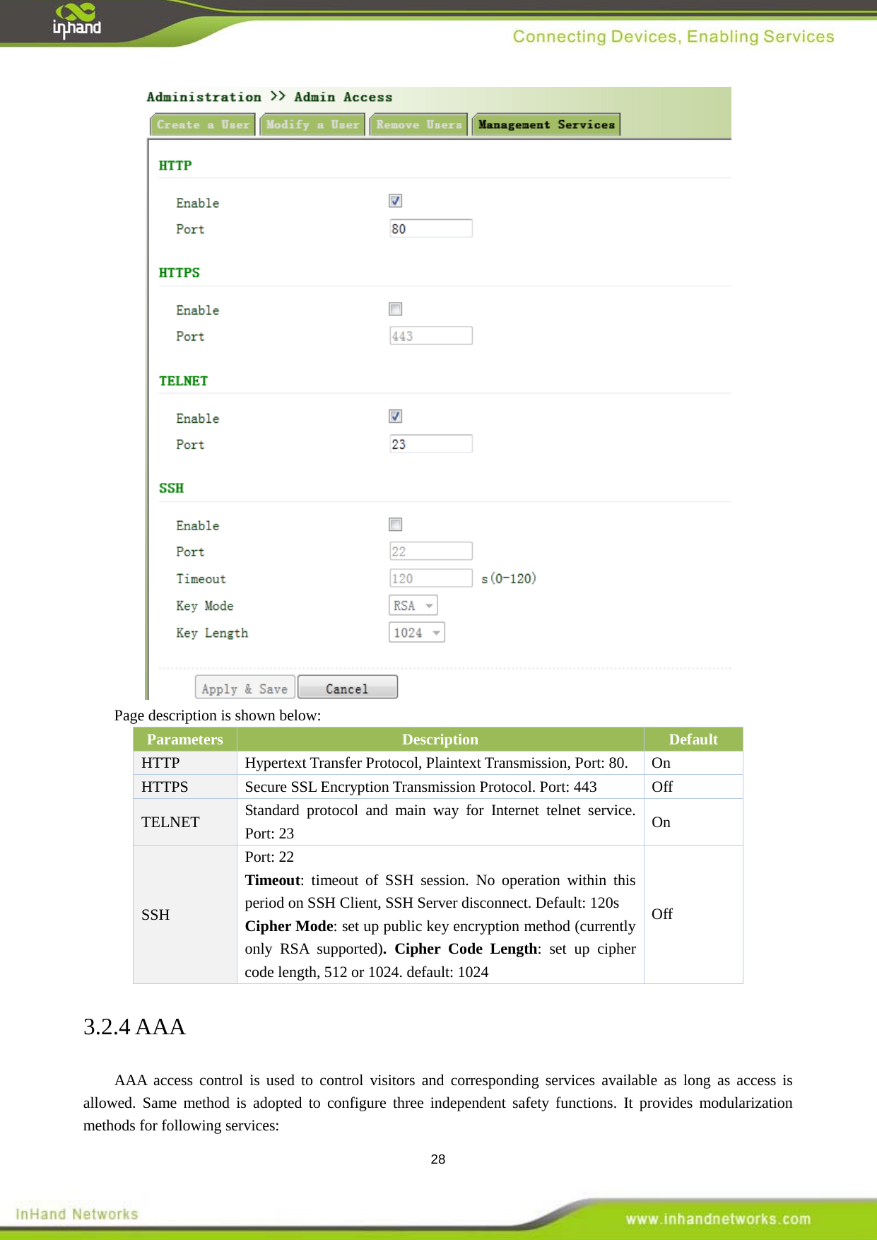  28  Page description is shown below: Parameters Description Default HTTP  Hypertext Transfer Protocol, Plaintext Transmission, Port: 80.  On HTTPS  Secure SSL Encryption Transmission Protocol. Port: 443  Off TELNET Standard protocol and main way for Internet telnet service. Port: 23 On SSH Port: 22 Timeout: timeout of SSH session. No operation within this period on SSH Client, SSH Server disconnect. Default: 120s Cipher Mode: set up public key encryption method (currently only RSA supported). Cipher Code Length: set up cipher code length, 512 or 1024. default: 1024 Off 3.2.4 AAA AAA access control is used to control visitors and corresponding services available as long as access is allowed. Same method is adopted to configure three independent safety functions. It provides modularization methods for following services: 