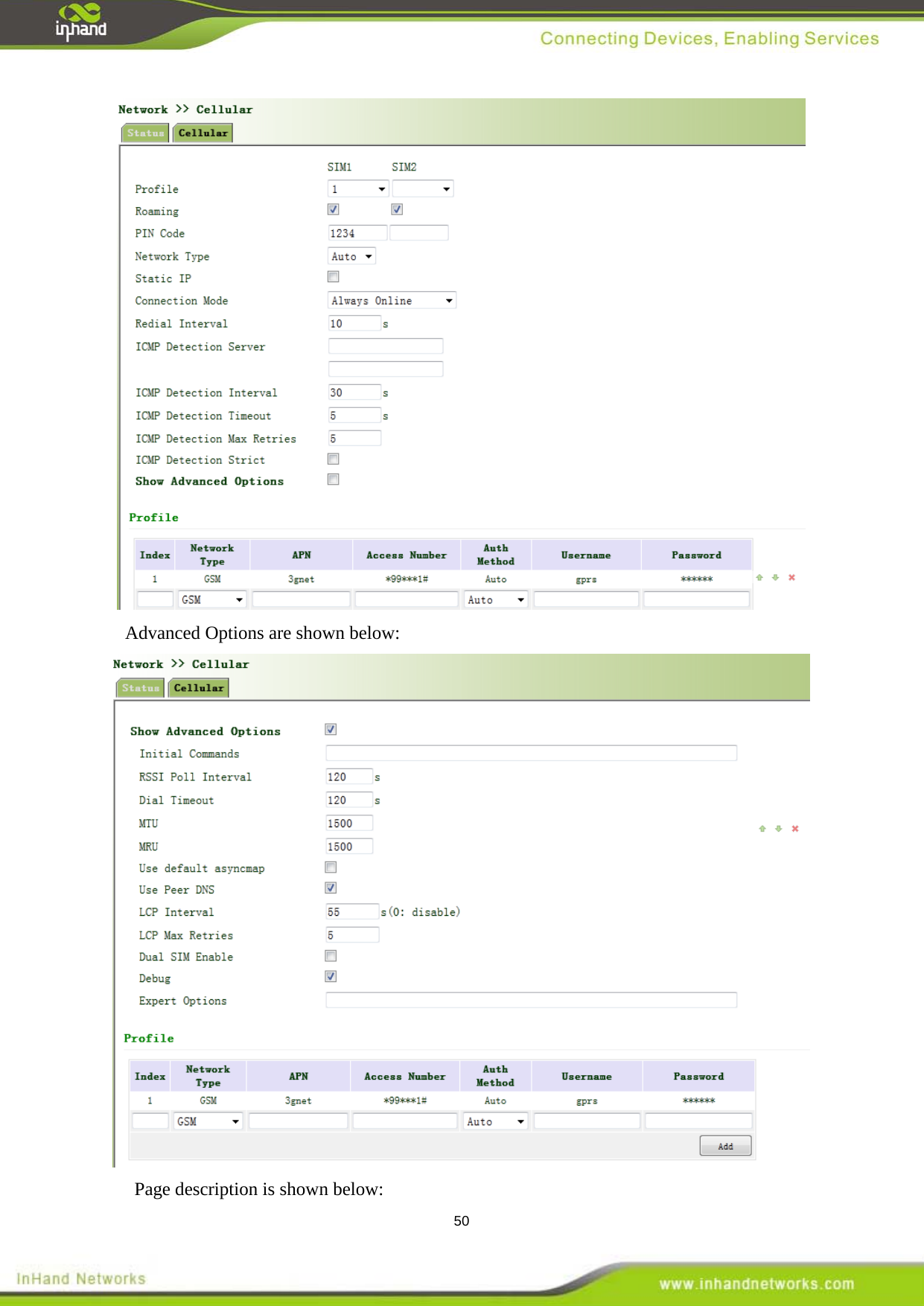  50  Advanced Options are shown below:    Page description is shown below: 